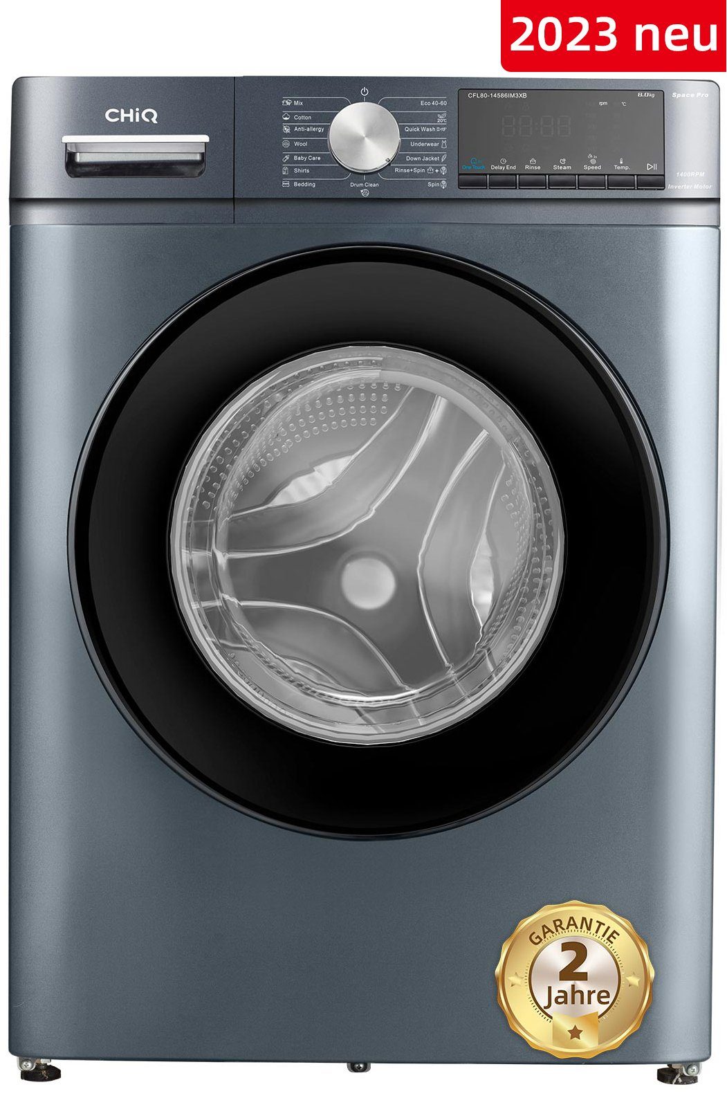 CHiQ Waschmaschine CFL80-14586IM3XB, 8 kg, 1400 U/min, Inverter-Motor, Dampfwäsche, Schnellreinigung, Kindersicherung