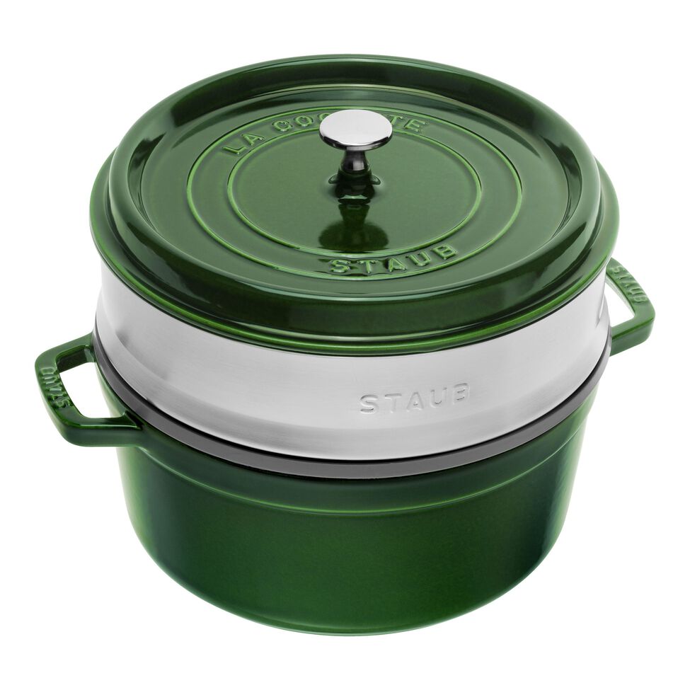 Cocotte mit Dämpfeinsatz 26 cm, rund, Basilikum-Grün, Gusseisen