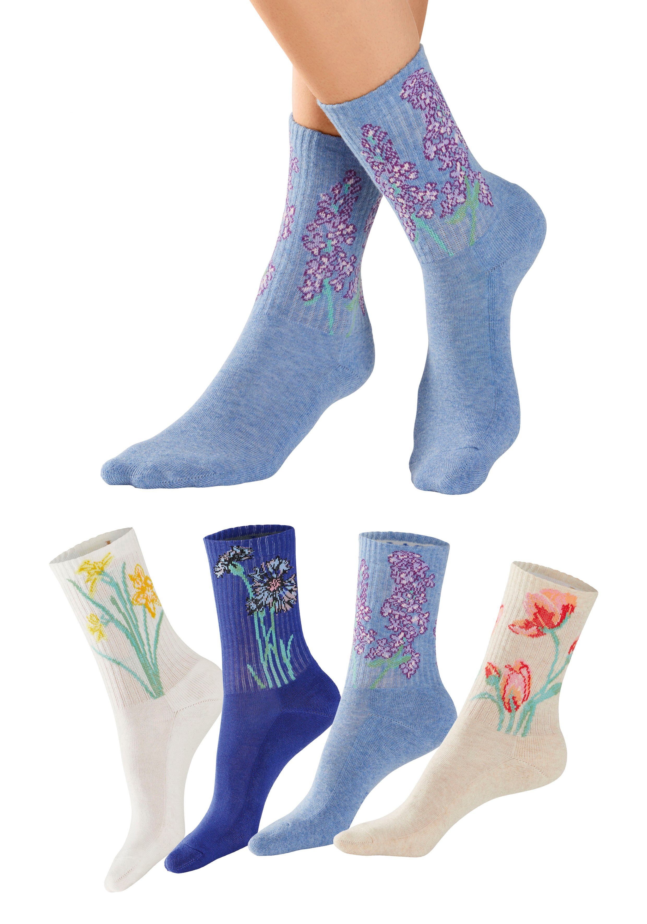 LASCANA Basicsocken (Packung, 4-Paar) mit eingestrickten Blumen Motiven