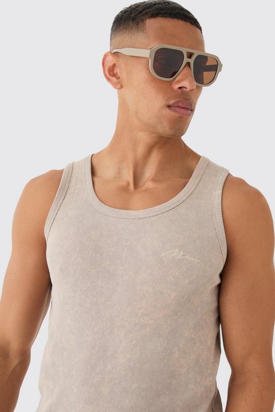 Geripptes Slim-Fit Man Signature Tanktop mit Acid-Waschung