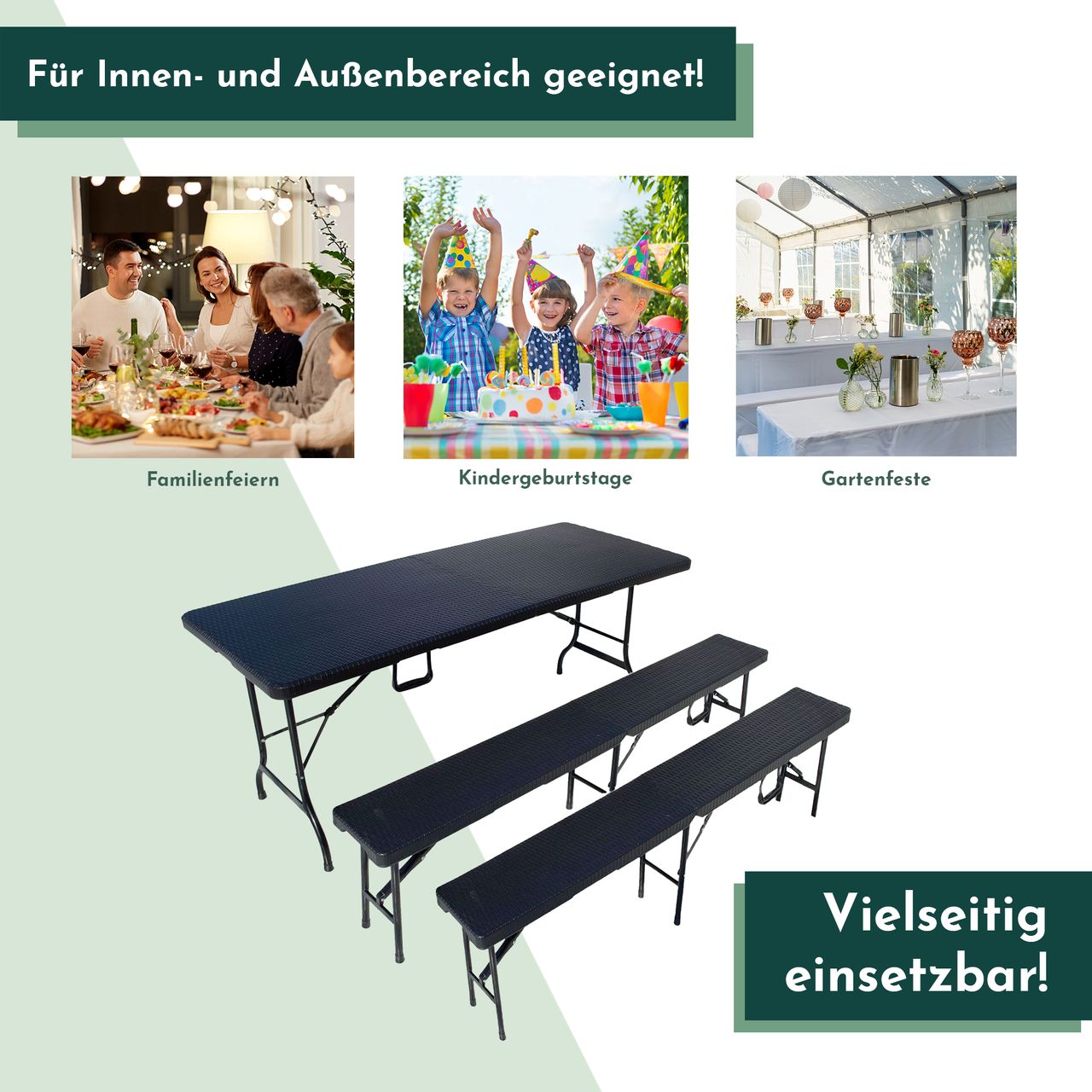 Lemodo Bierzeltgarnitur Set mit 2x Bierbank und 1x Buffettisch in Rattan Optik