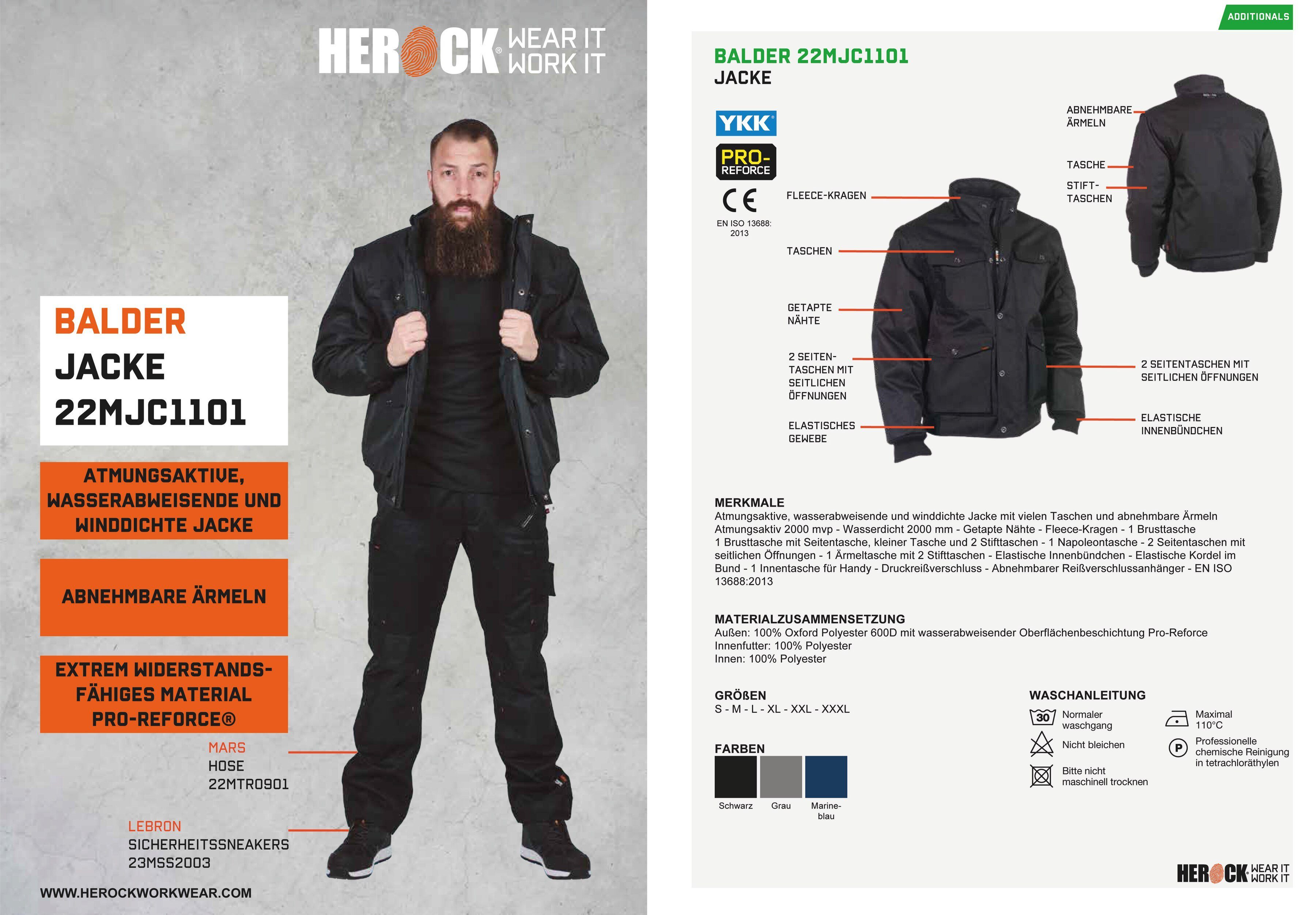 Herock Arbeitsjacke Balder Jacke Atmungsaktive, wasserabweisende & winddichte Jacke mit vielen Taschen