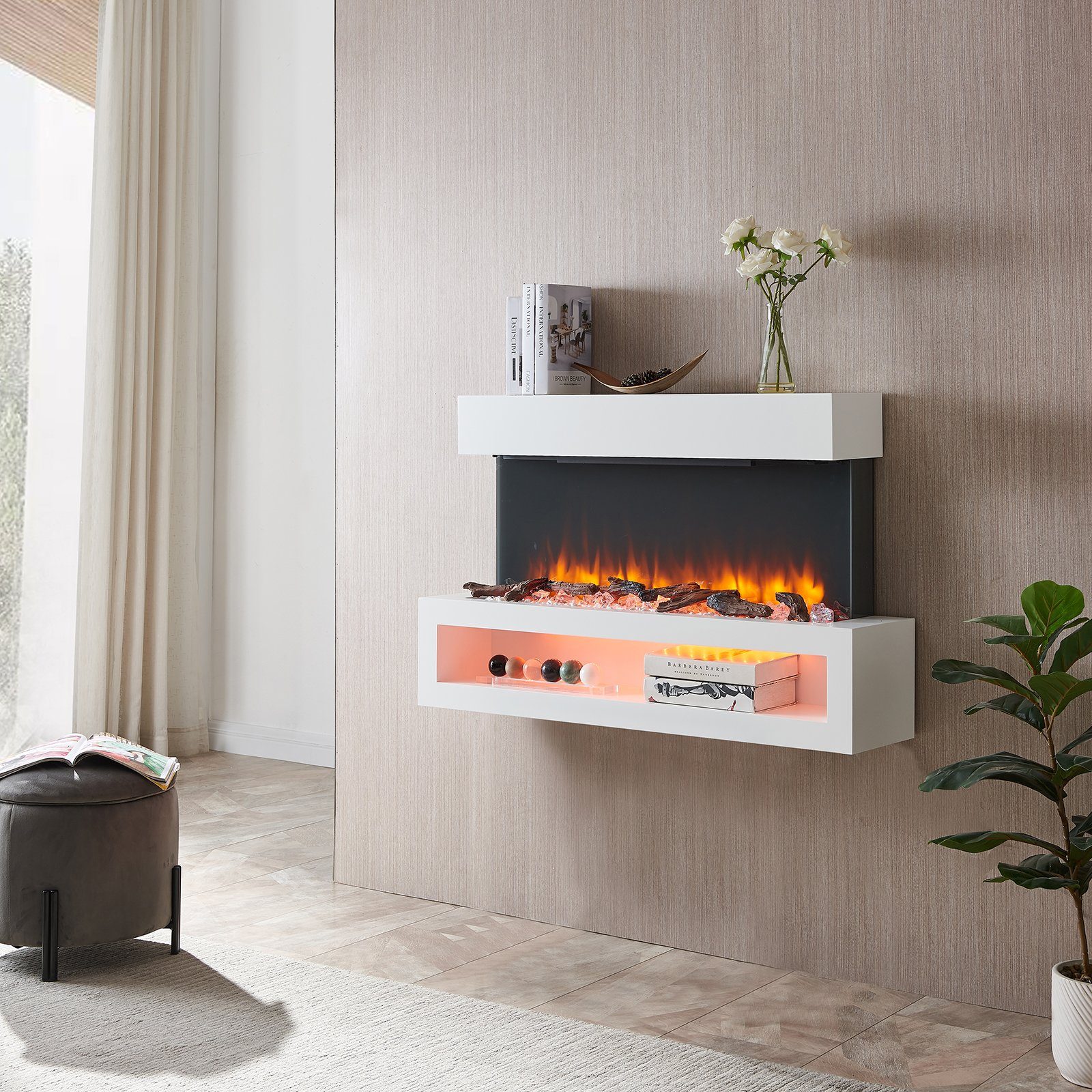 RICHEN Elektrokamin Nikos, Standkamin mit Heizung 2000W, 3D-Flammeneffekt, LED-Beleuchtung, Fernbedienung, Timer, Thermostat