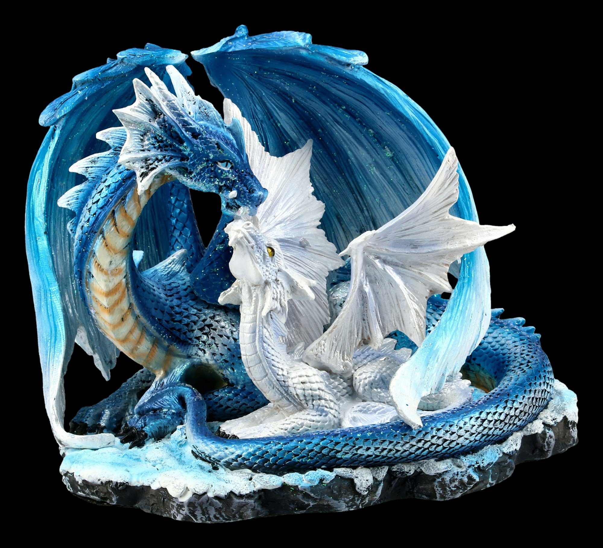 Figuren Shop GmbH Fantasy-Figur Drachen Figur - Mutter mit Jungem weiß-blau - Fantasy Deko