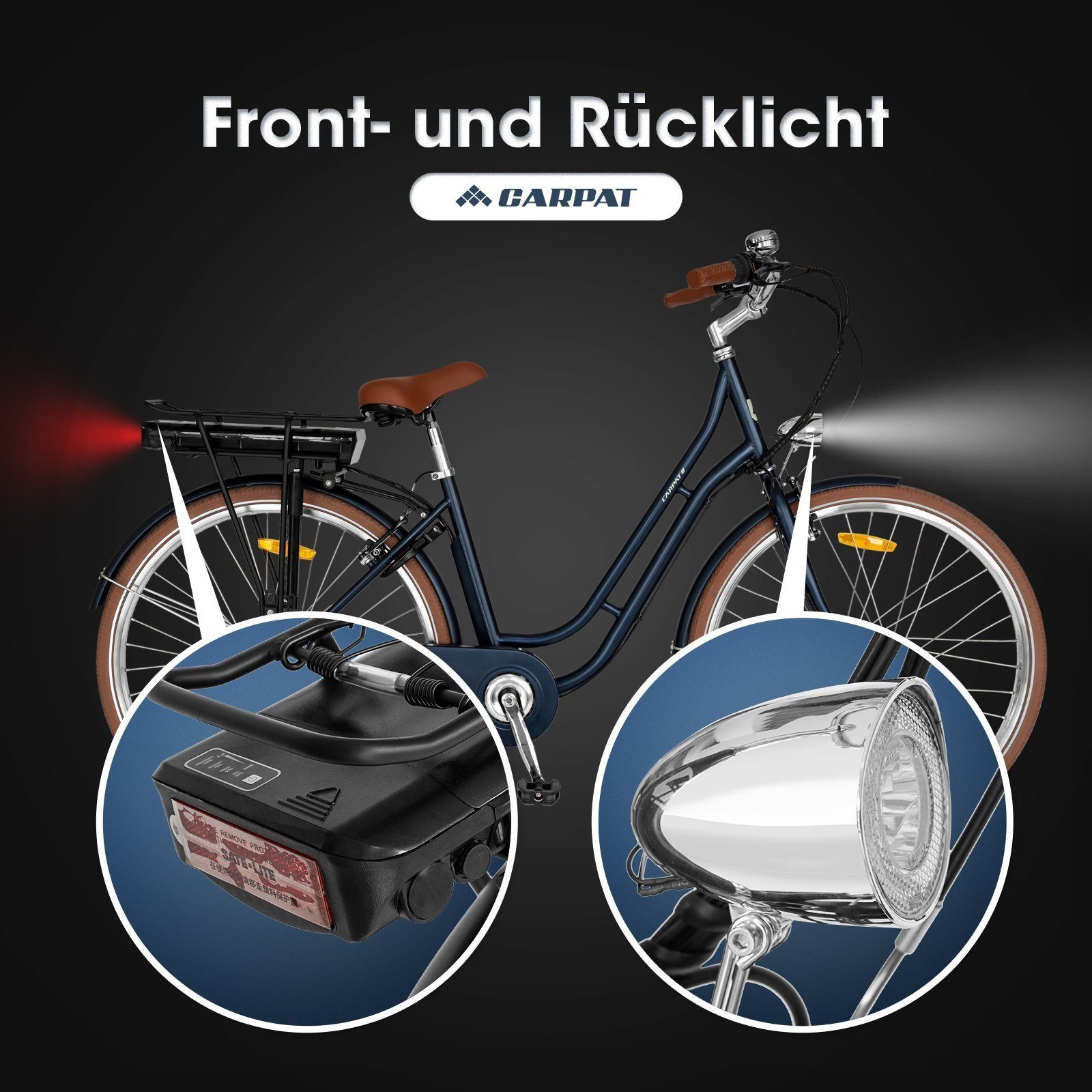 CARPAT SPORT E-Bike 28 Zoll E-bike citybike Damen Herren, 3 Gang Shimano Nexus Schaltwerk, Kettenschaltung, Frontmotor, 374,40 Wh Batterie, (mit akku-ladegerat, mit Werkzeung, mit Dreiecktasche), Elektrofahrrad Pedelec E-Cityrad, LCD Display