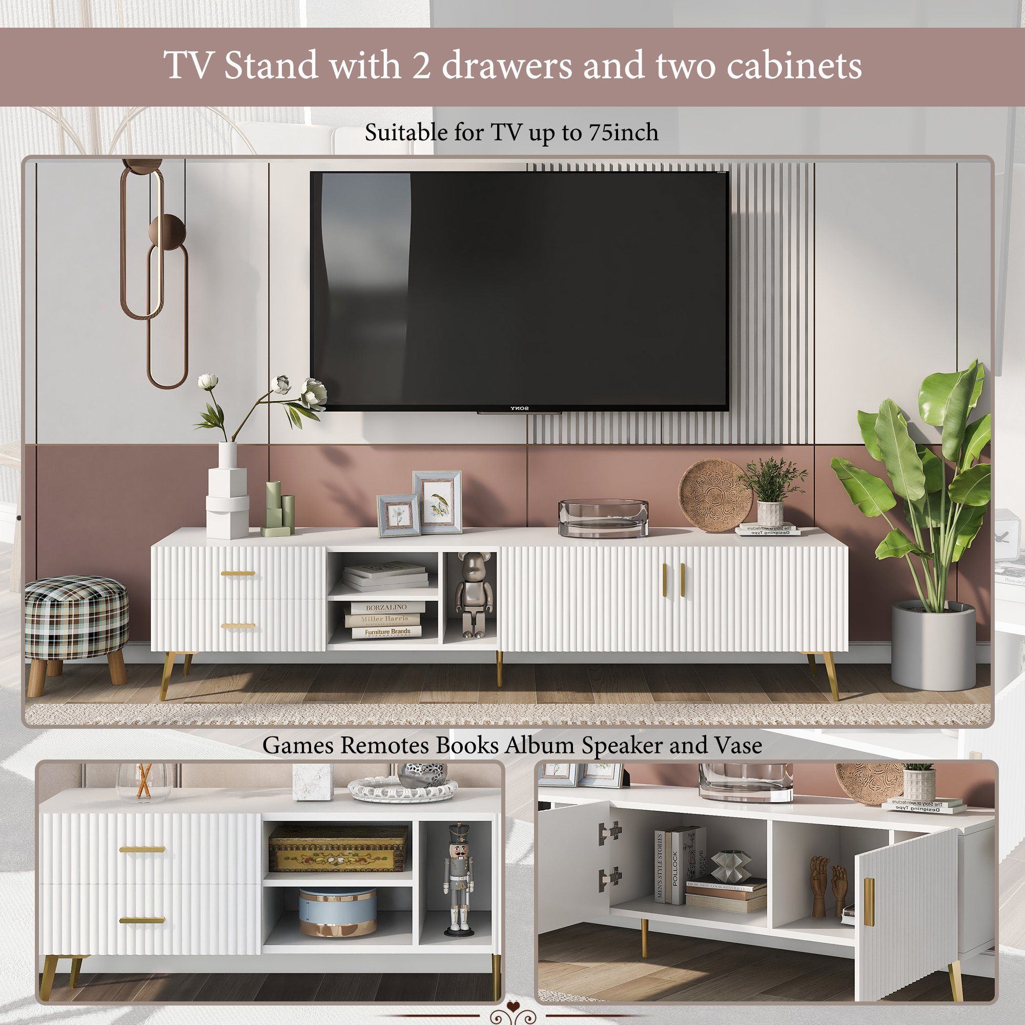 HAUSS SPLOE TV-Schrank TV-Lowboards TV Schrank Fernsehschrank TV-Tisch TV-Board mit großem Stauraum, belastbar bis 50kg, Weiß