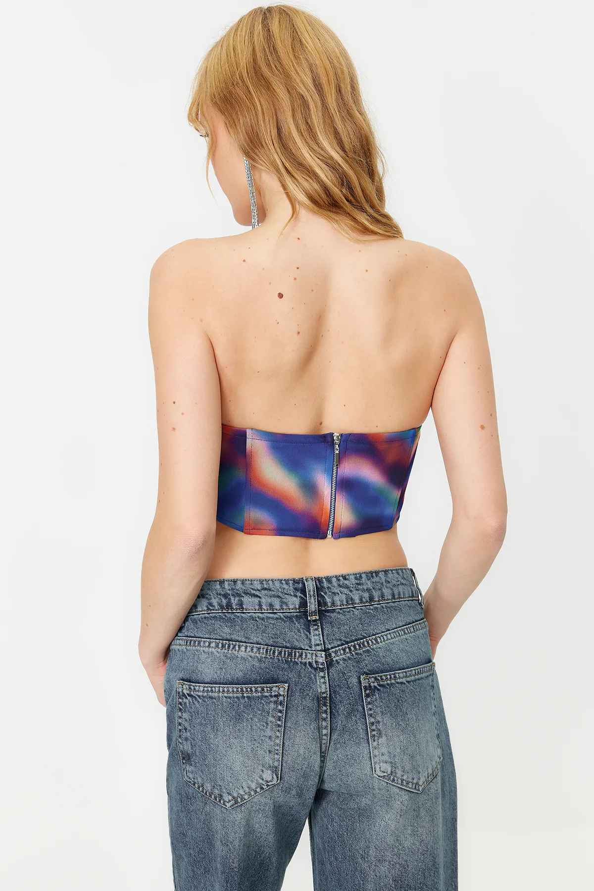 Trendyol Collection  Blau-mehrfarbiges, floral bedrucktes Tüll-Bustier TPRSS23BS00104