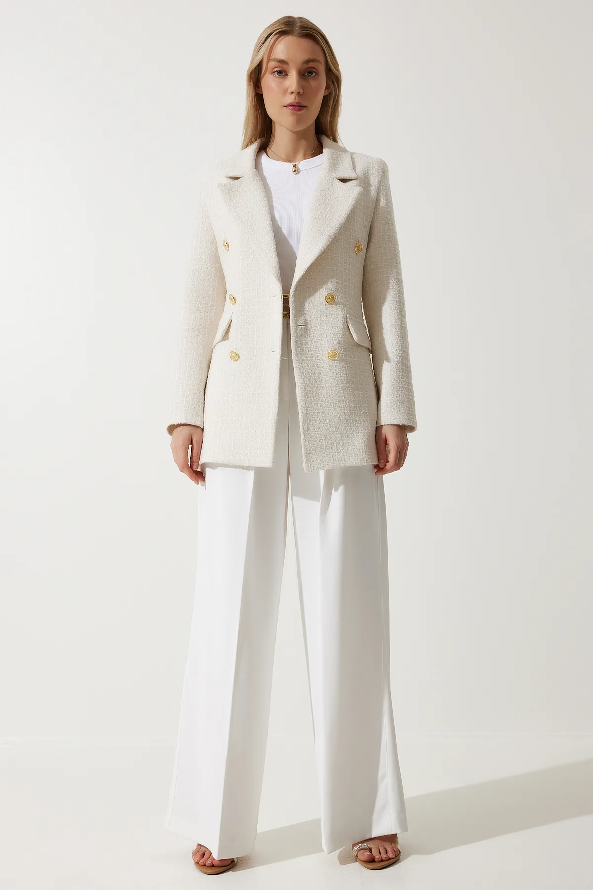 Happiness İstanbul  Damen Blazer mit Knochenknöpfen, Tweedjacke WF00004