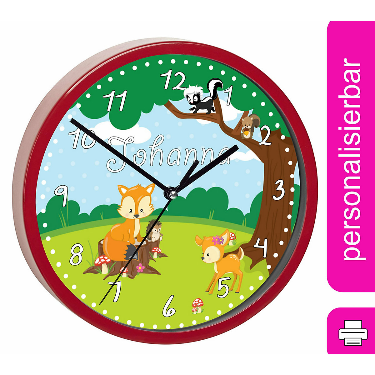 Kinder Wanduhr laufruhig personalisiert mit Name Waldtiere