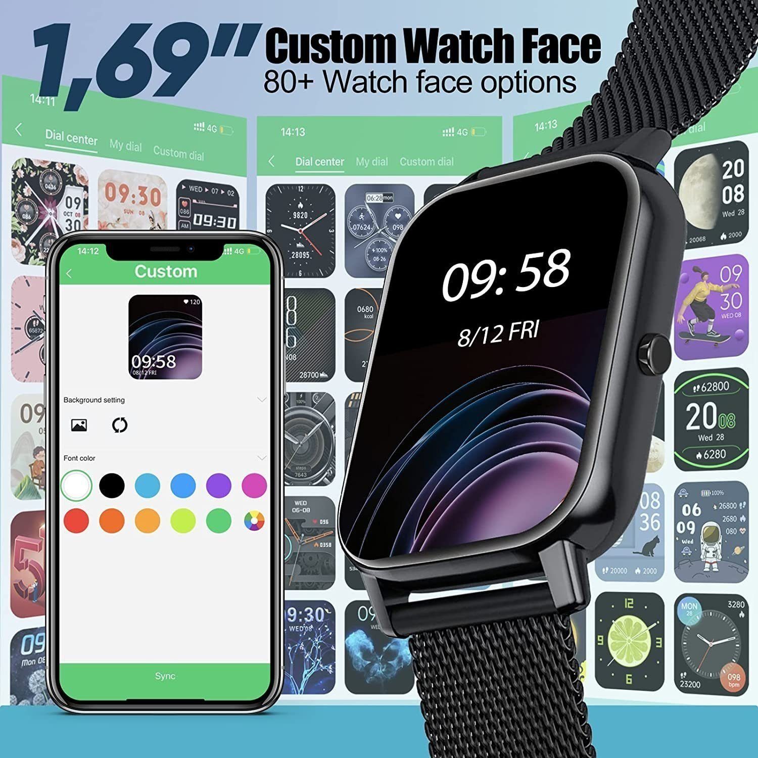 IBETTER Smartwatch, Fitness Tracker Uhr, Damen Herren Smartwatch (Fitnessuhr mit Telefonfunktion 1,69