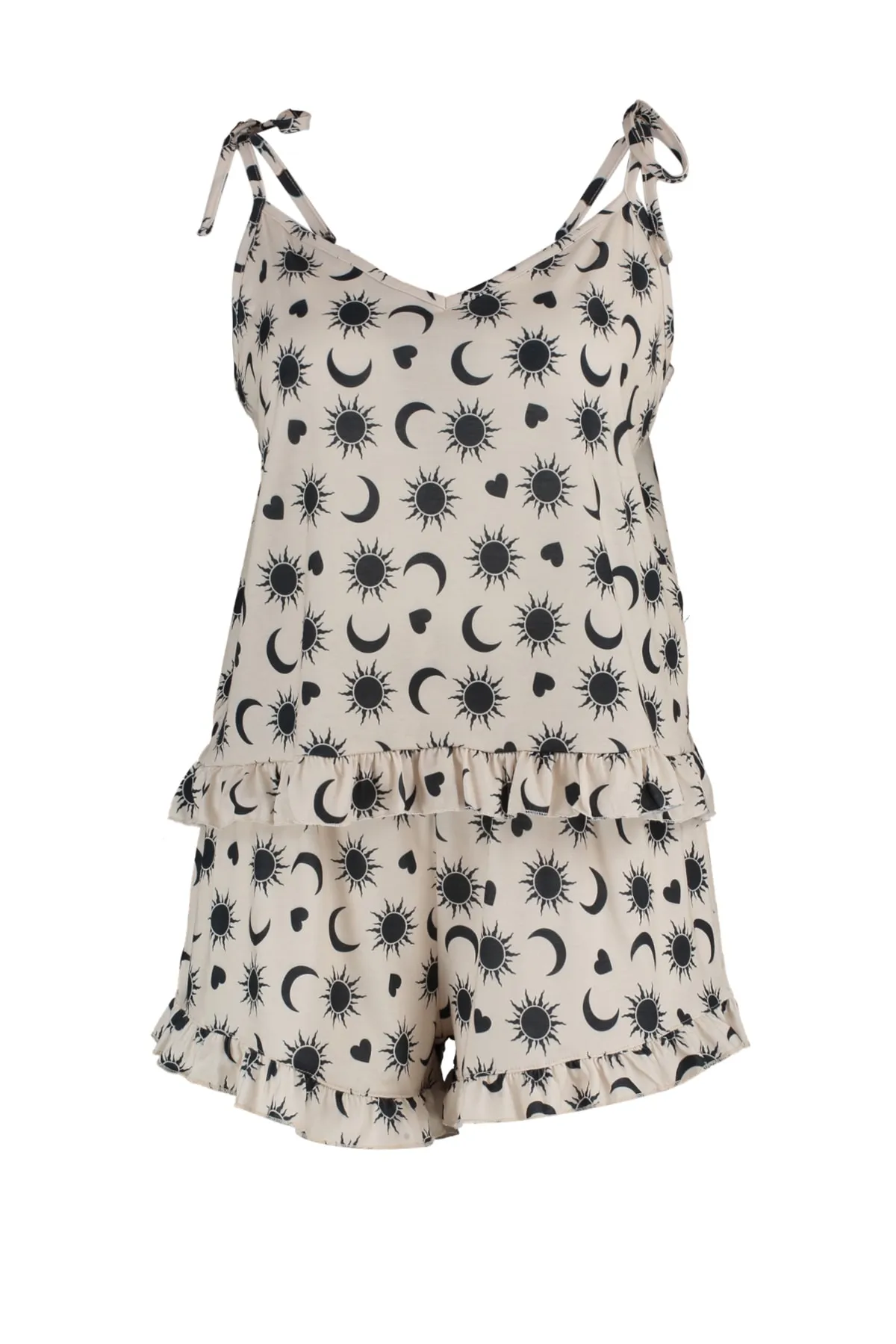 Trendyol Curve  Beiges gemustertes Strick-Pyjama-Set mit Trägern TBBSS22AI00000