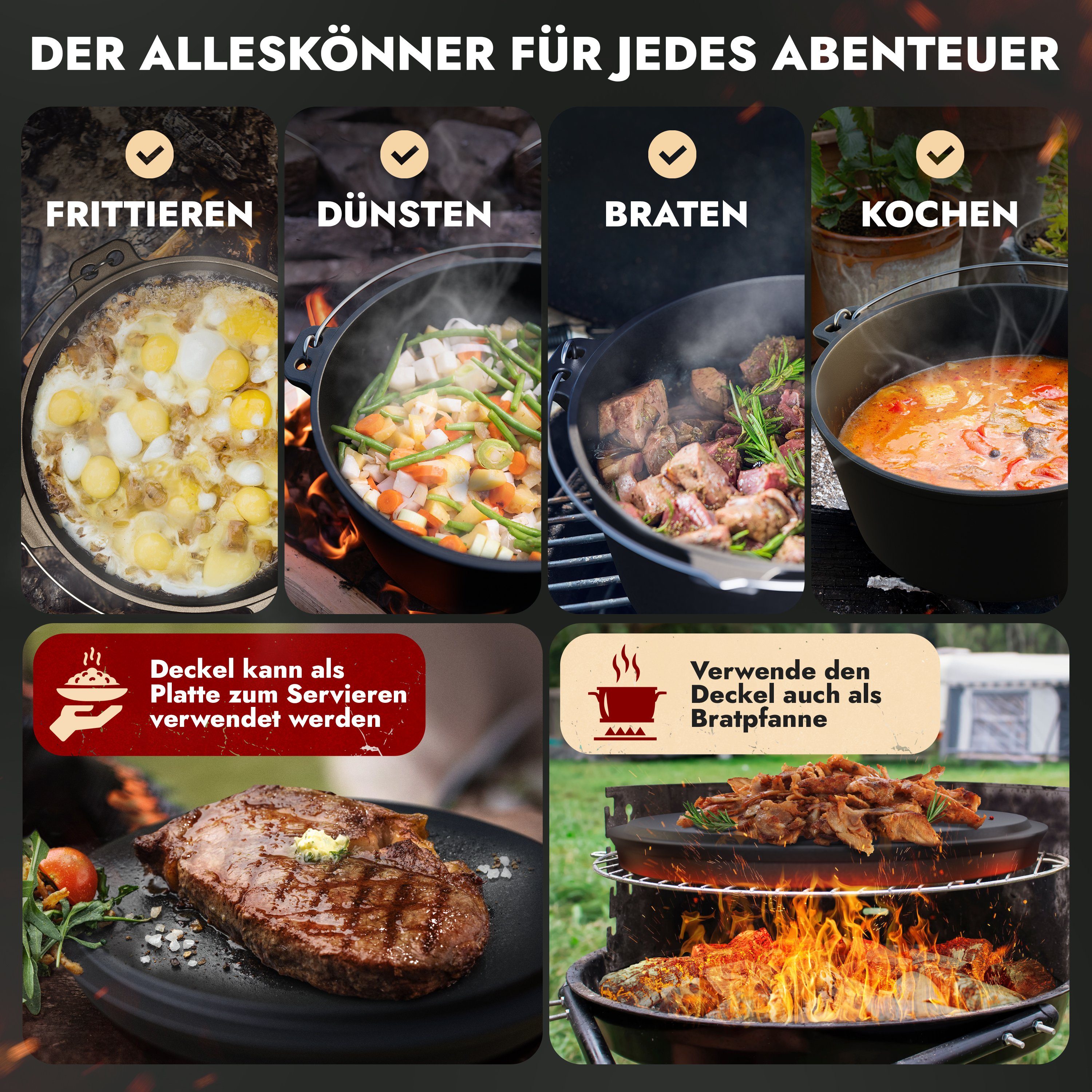 Funkenflug Feuertopf Eingebrannter Dutch Oven [8QT], Gusseisen (Rustikales Dutch Oven Set, 5-tlg., BBQ Feuertopf aus massivem & dickwandigen Gusseisen), inkl. Transporttasche, Deckelheber, Ringreiniger & Rezepte E-Book