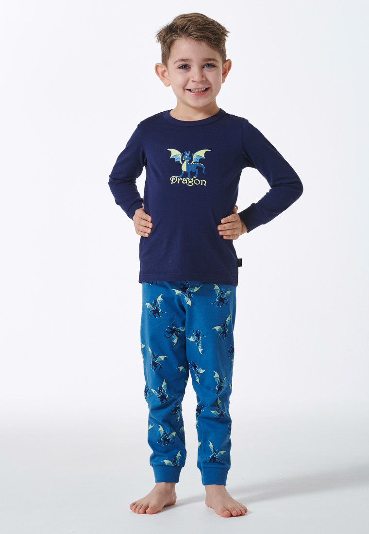 Schlafanzug lang Bündchen Drachen dunkelblau - Boys World