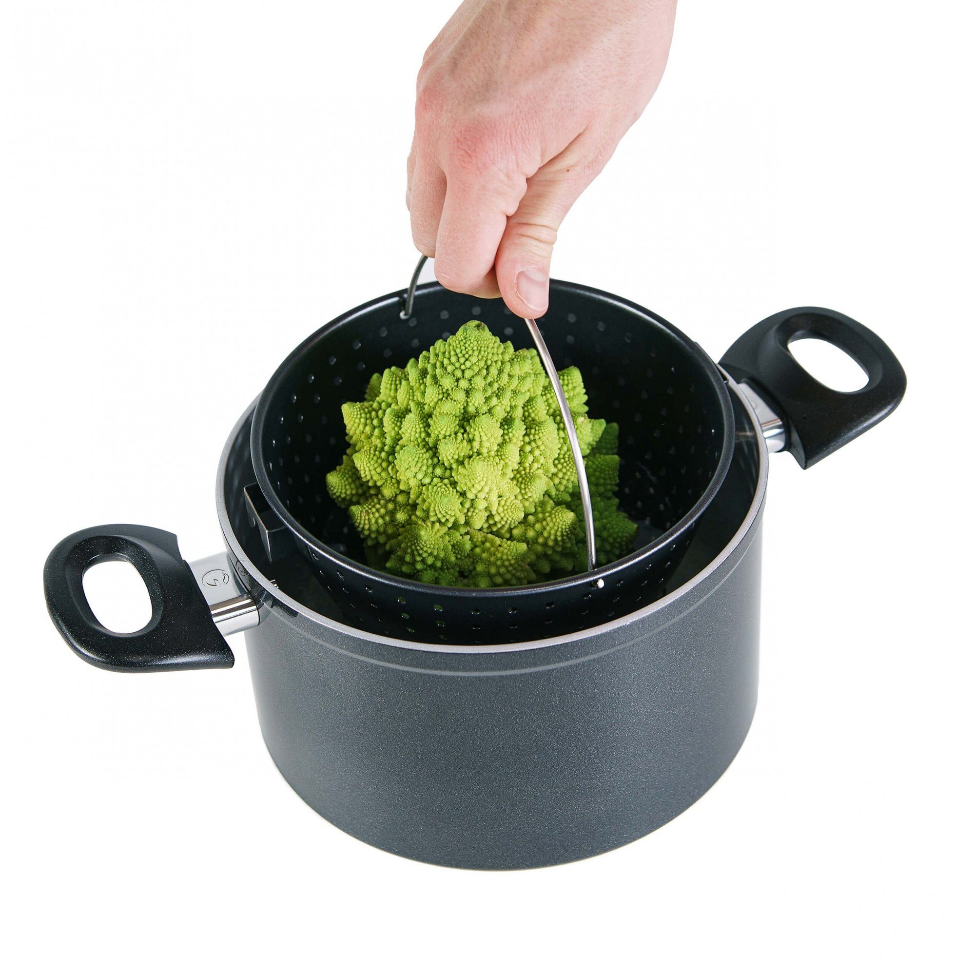 Genius Kochtopf Cerafit Magic Pot, Aluminium, Keramik, Edelstahl 18/10 (Set, 1 Kochtopf 1 Deckel 1 Siebeinsatz), Antihaft-Beschichtung, für alle Herdarten, induktionsgeeignet, spülmaschinengeeignet, Siebeinsatz