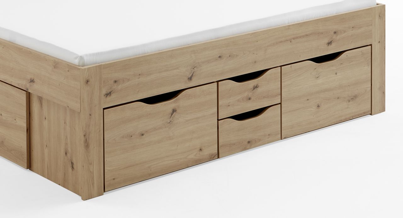 Relita Funktionsbett Maxi 180 x 200 cm, mit Rolllattenrost mit 6 Bettschubladen und Stauraum-Polster-Kopfteil Eiche Artisan Dekor