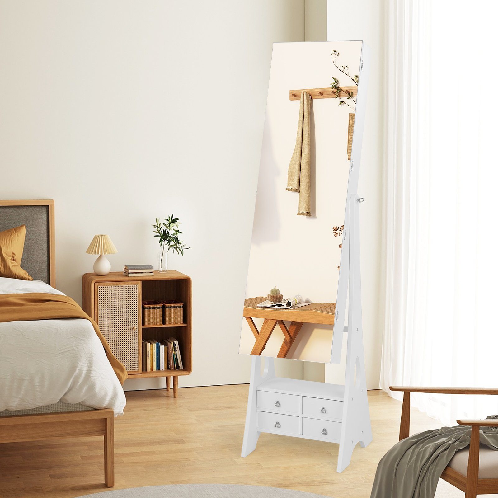 COSTWAY Schmuckschrank stehend, mit Spiegel, LED & Schubladen, weiß, 159cm