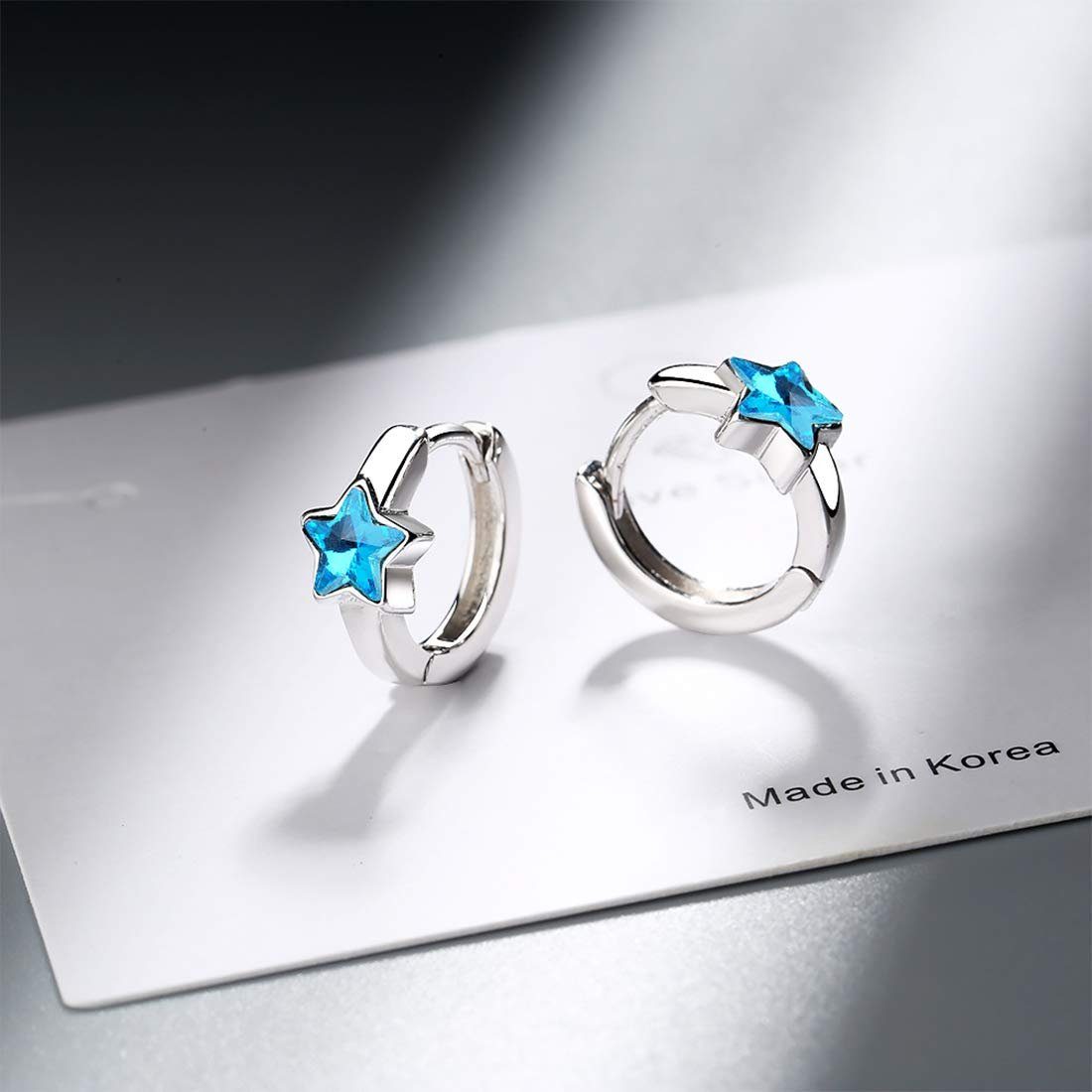 Haiaveng Paar Ohrhänger 925 Sterling Silber Zirkonia Blau Stern Klein Creolen Ohrringe, für Frauen,Damen,Mädchen,Kinder