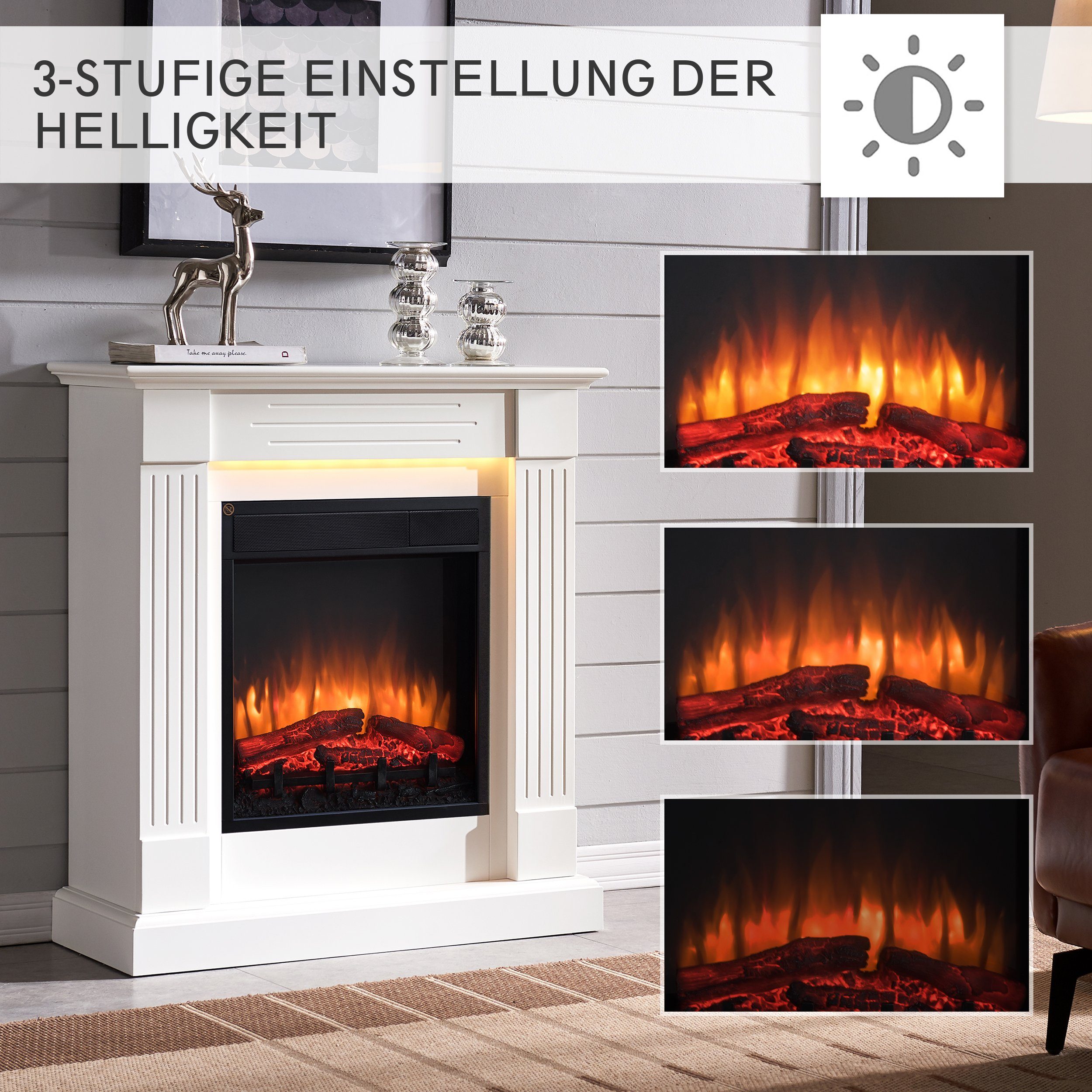 RICHEN Elektrokamin Ladina, Standkamin mit Heizung 2000W, LED-Beleuchtung 3D-Flammeneffekt Fernbedienung Timer Thermostat