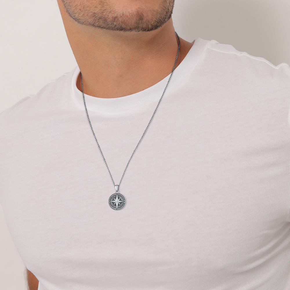 KUZZOI KUZZOI Pendentif Hommes Pendentif Boussole Massif en argent sterling 925 oxydé Pendentif