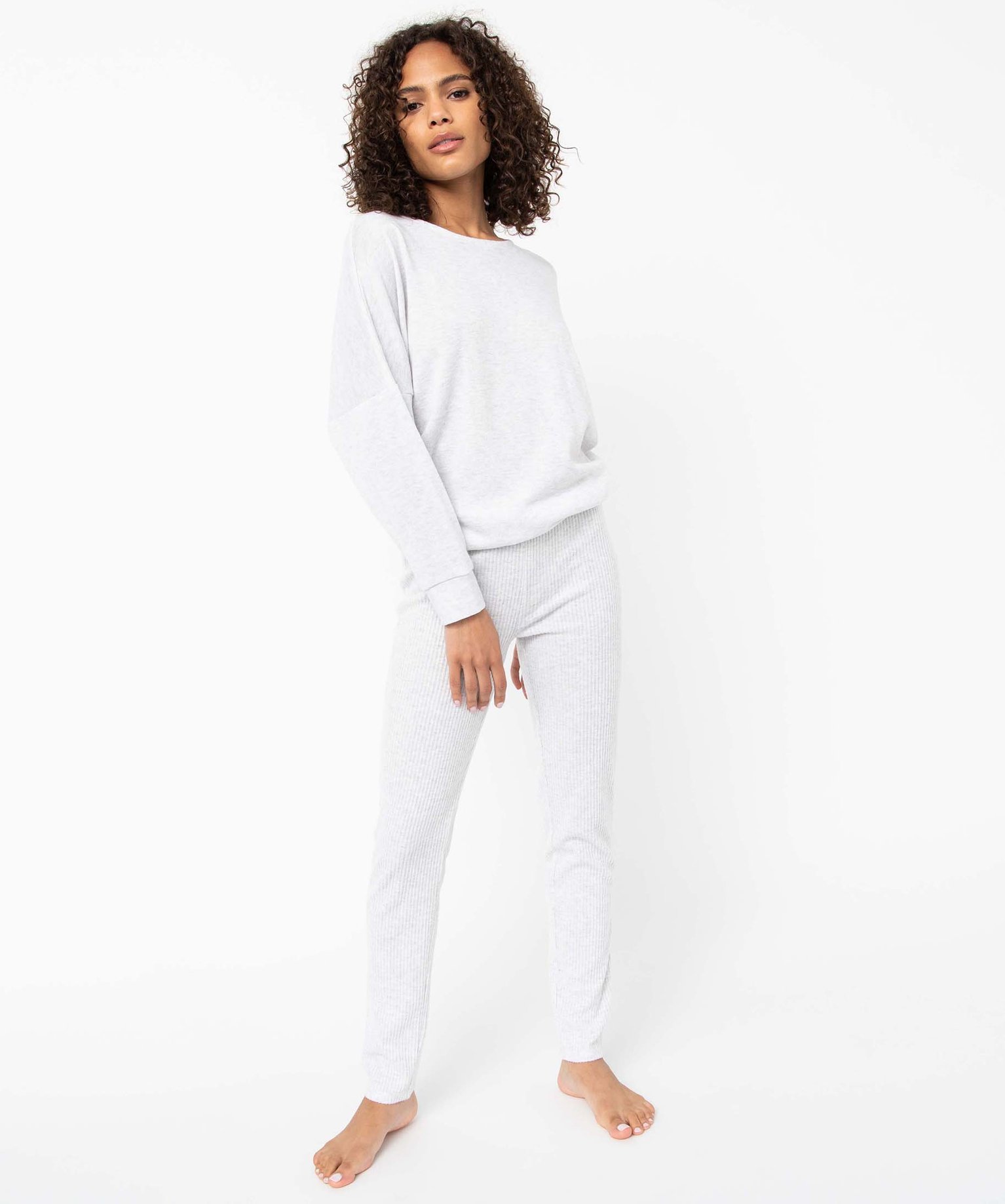 Pantalon de pyjama femme en maille ctelée gris clair | GEMO