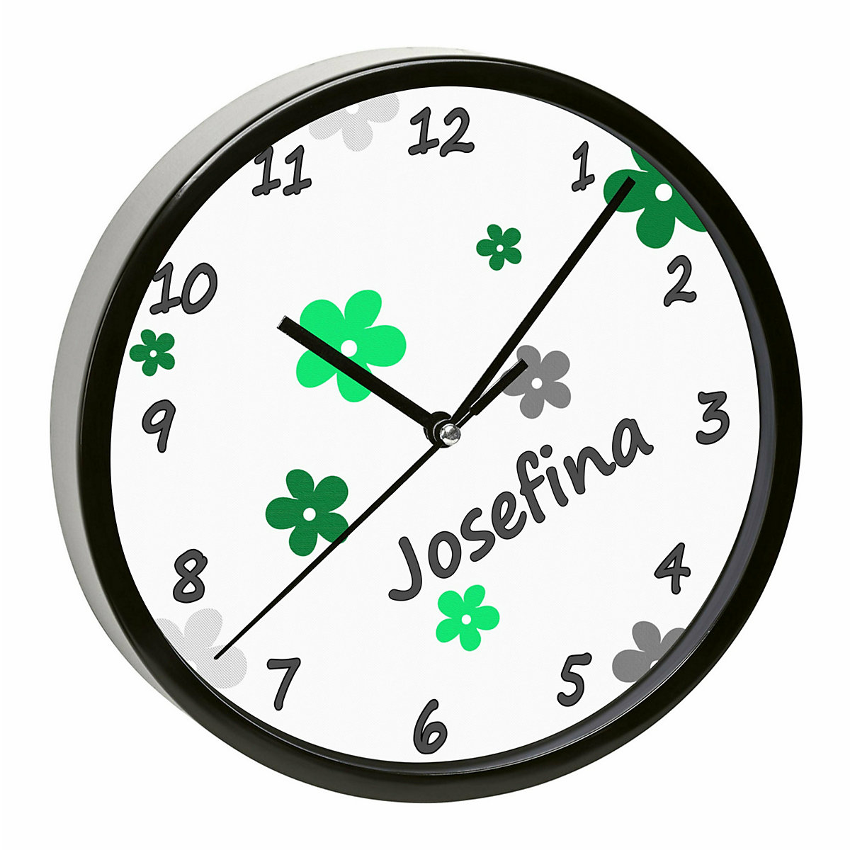 Kinder Wanduhr laufruhig personalisiert mit Name Blumen Apfelgrün