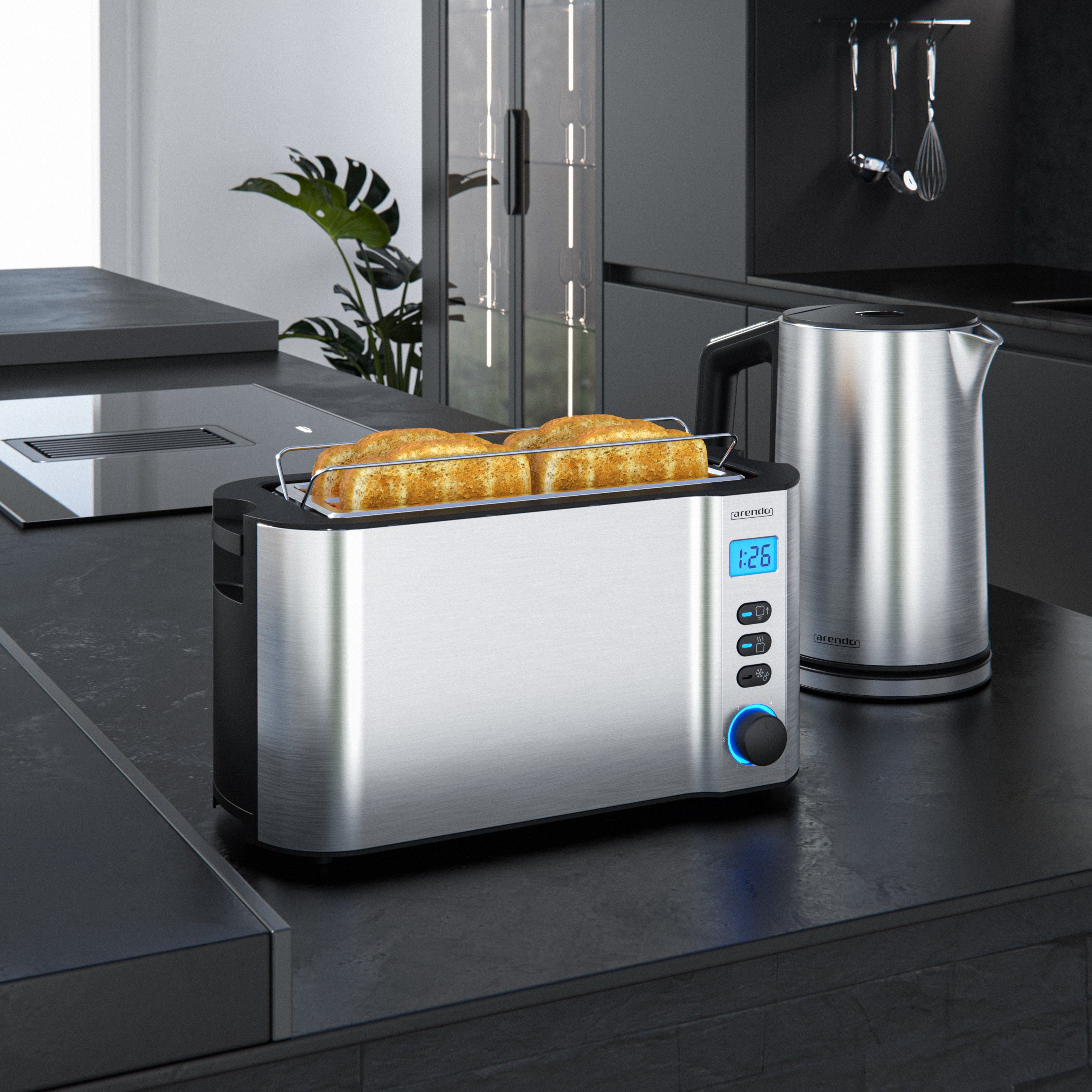Arendo Frühstücks-Set (2-tlg), Edelstahl Wasserkocher 1,5l, 4-Scheiben Langschlitz Toaster, Edelstahl