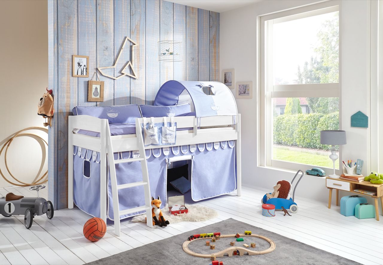 Relita Halbhohes Bett MICHELLE 90x200 cm Buche massiv weiß lackiert, mit Textilset Vorhang, 1-Tunnel, Tasche blau/boy