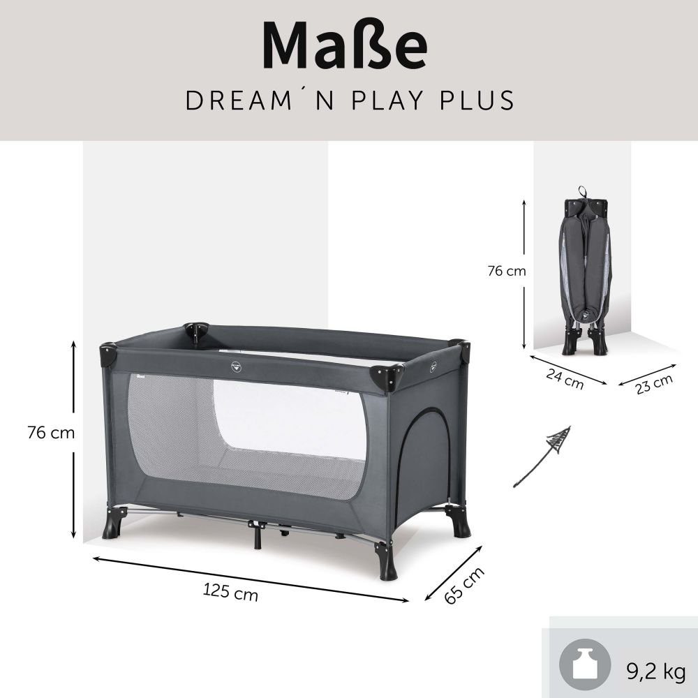 Hauck Baby-Reisebett Dream'n Play Plus - Grey, 3-tlg., Kinderreisebett mit Reisebett Matratze, Moskitonetz Tasche & Einstieg