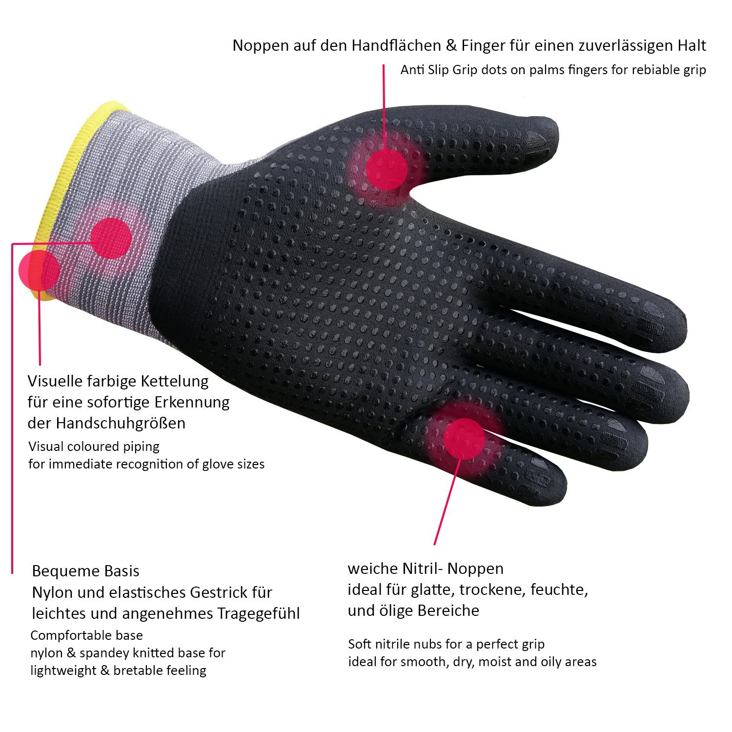 GUARD 5 Arbeitshandschuhe Montagehandschuhe mit Noppen (Art. 11580GN) Sanitized Hygienefunktion