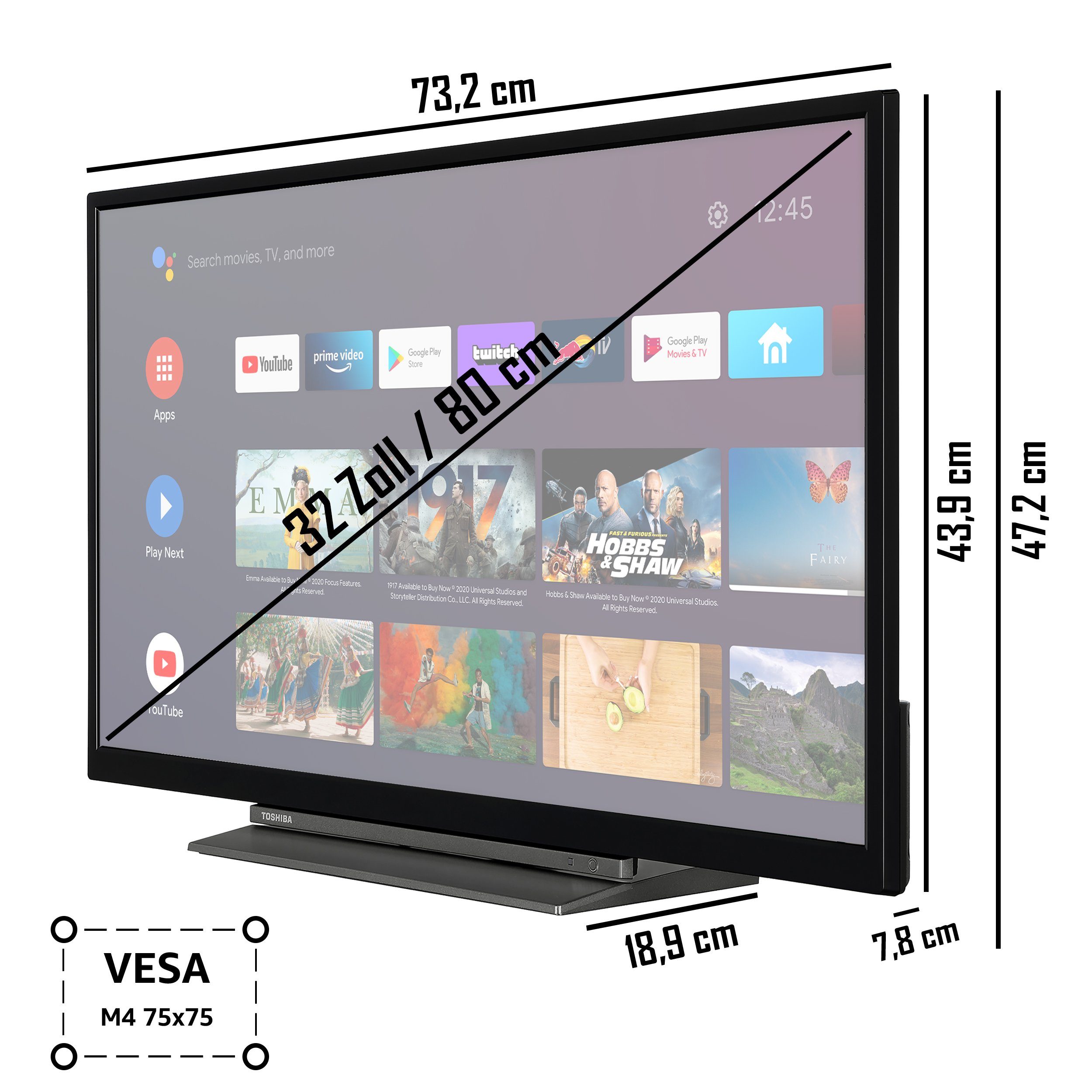 Toshiba 32WA3B63DAZ LCD-LED Fernseher (80 cm/32 Zoll, HD-ready, Android TV, Triple-Tuner, Play Store, Google Assistant, Bluetooth)