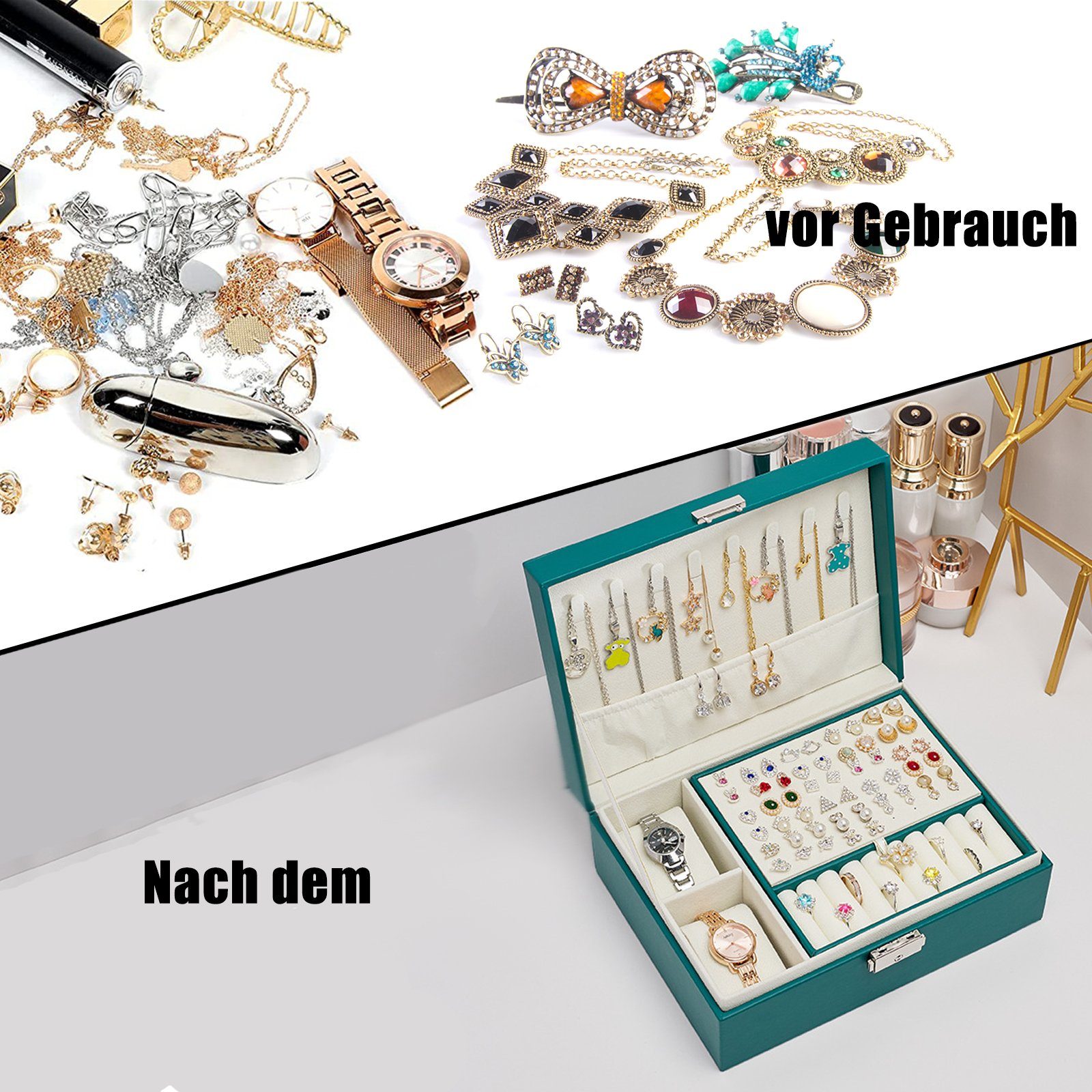 CALIYO Schmuckkassette Schmuckkästchen für Damen Mädchen, Schmuckaufbewahrung, mit Schlüssel für Ketten Ringe Ohrringe Armbänder Uhren