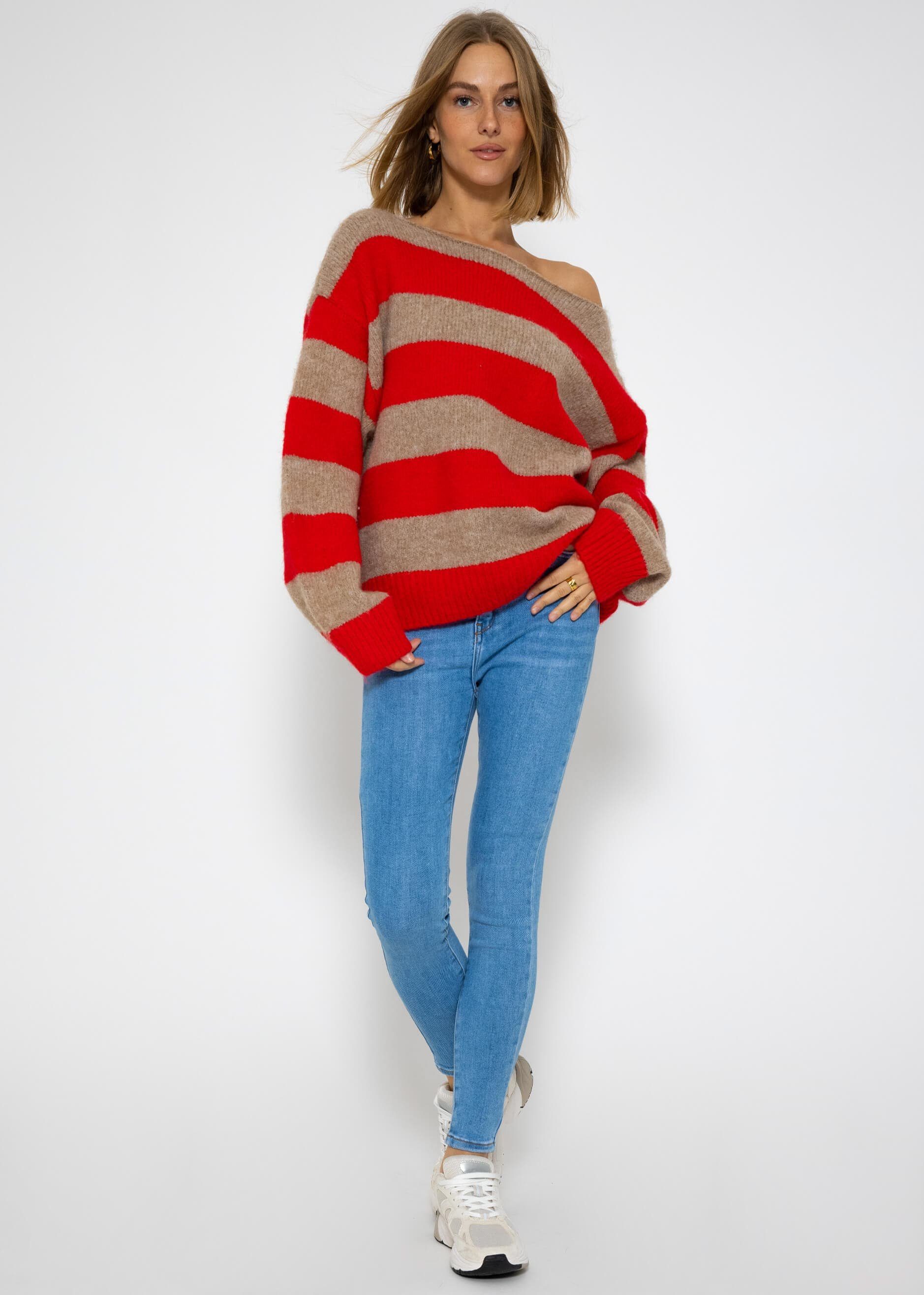 SASSYCLASSY Strickpullover Oversize Pullover Damen aus weichem Feinstrick Lässiger Strickpullover lang mit weitem Rundhalsausschnitt