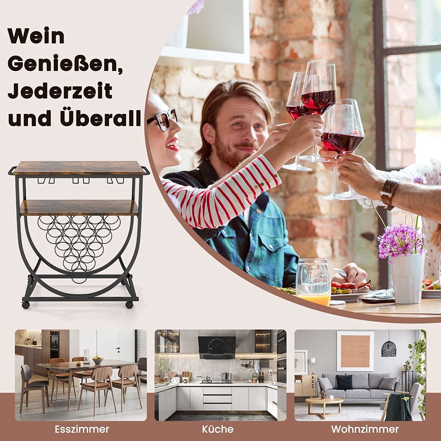 COSTWAY Weinregal, stehend, mit Rollen, Metall, für 15 Flaschen&9 Glashaltern