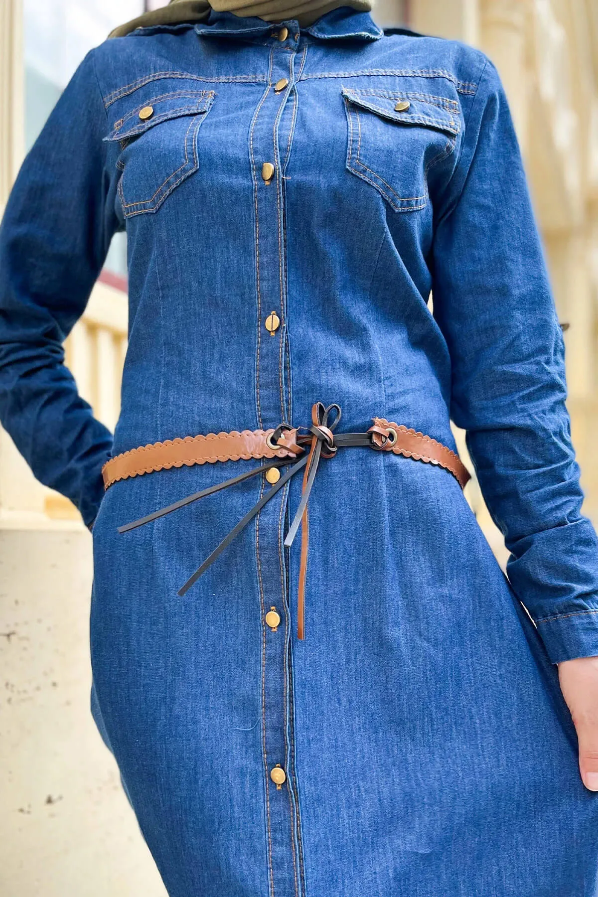 Tesettür Dünyası  Jeanskleid mit Ledergürtel Tsd220838 Dunkelblau