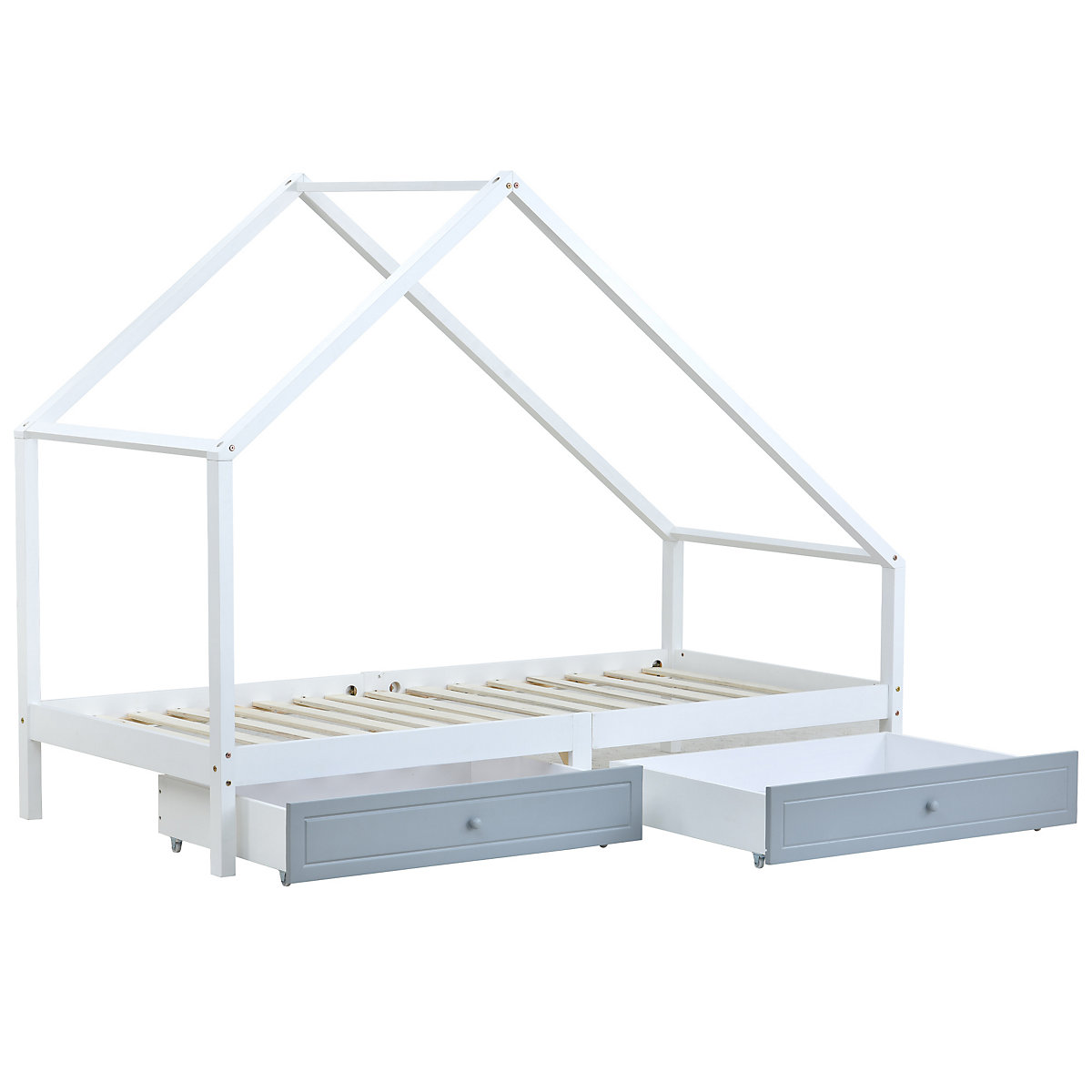 Hausbett 90x200cm mit 2 Schubladen, Kinderbett Spielbett Massiv