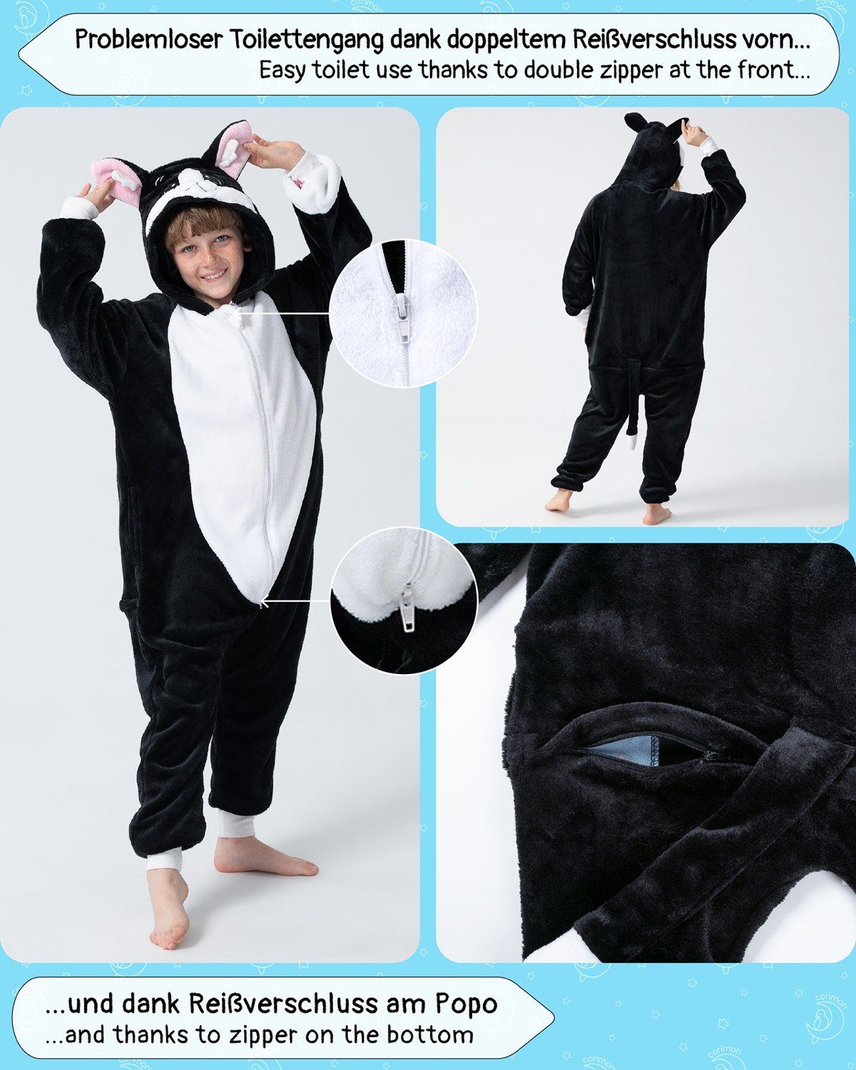 Corimori Jumpsuit Flauschiges Katzen-Kostüm für Kinder (2-tlg) mit Haarreif, Jungen, Mädchen, Verkleidung, schwarz-weiß, Fasching