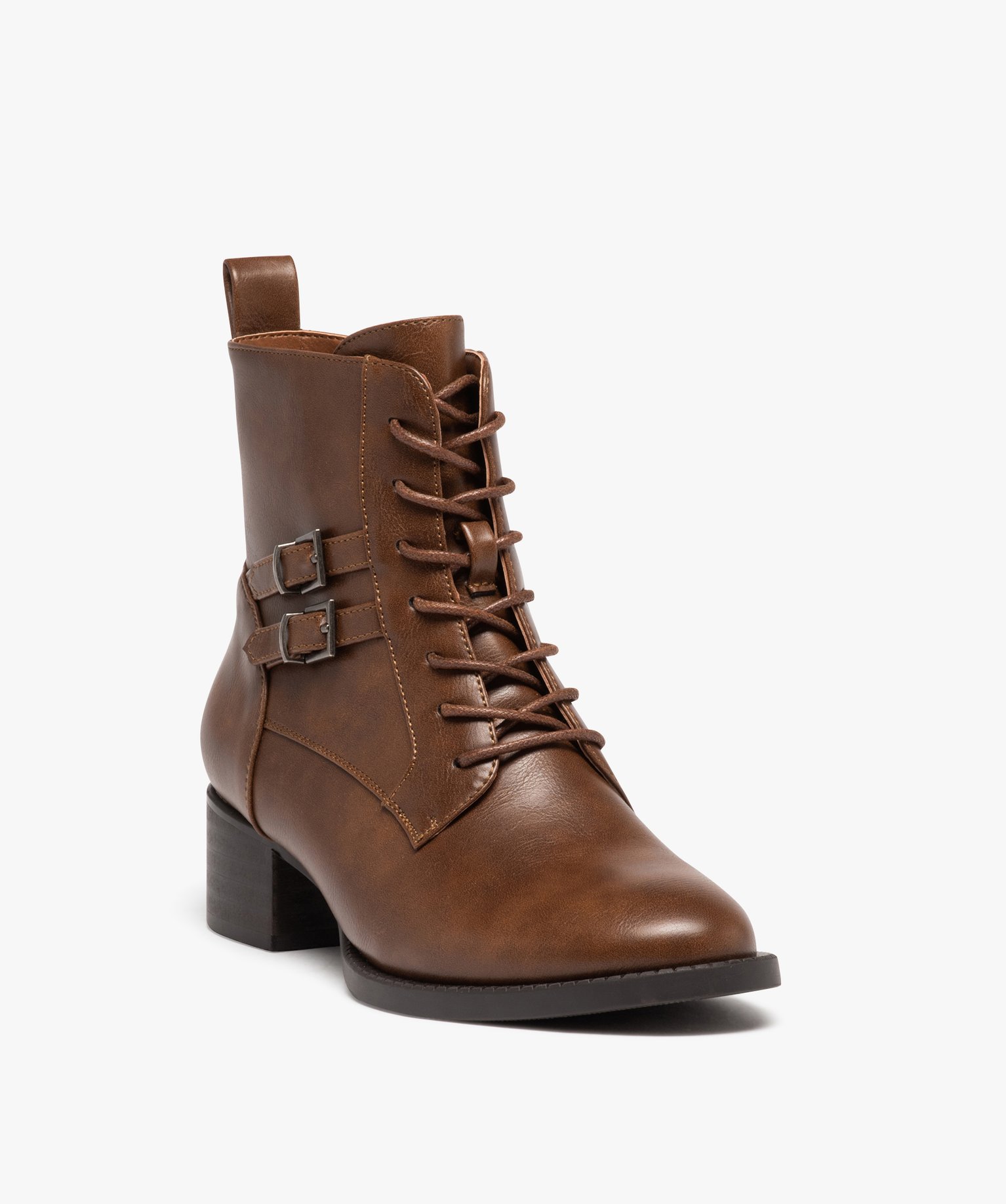 Boots lacées à bout amande et brides décoratives camel | GEMO