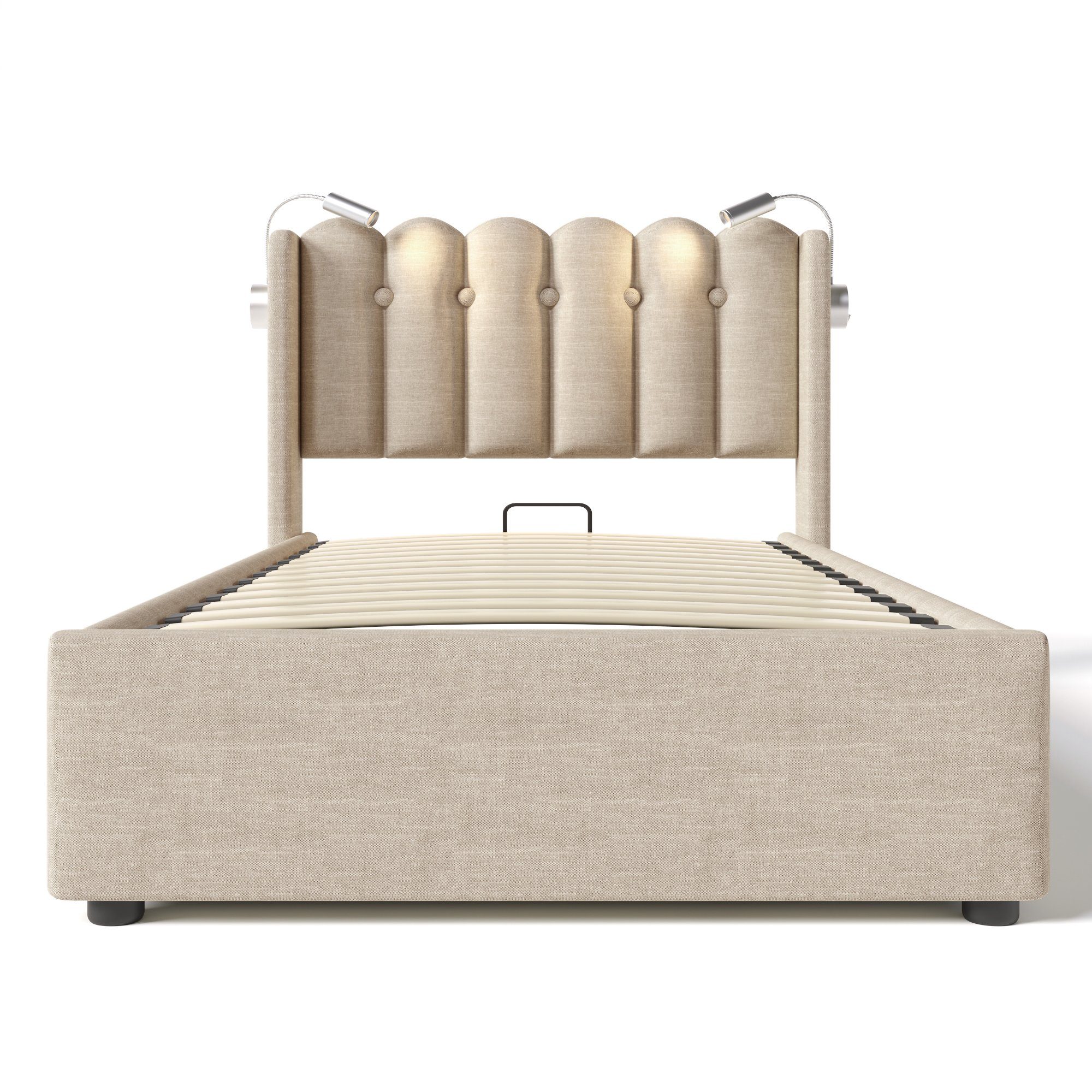 Fangqi Polsterbett 90x200 gepolstertes Bett,2 Leselampen,USB-Aufladung,großer Bettkasten (Einzelbett, Jugendbett, Familienbett, Weicher Bettrahmen, USBx2, Leselampex2, Bettkasten), Bettkasten mit Oxford-Tuch, Eisenrahmen, Gasdruckfederbetten