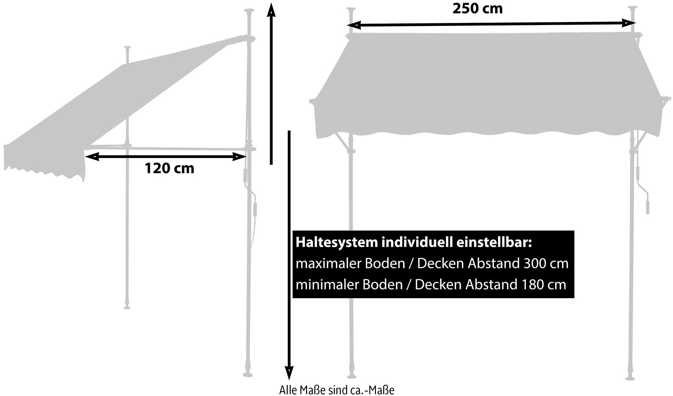 Gartenfreude Klemmmarkise 250x120x200-300 cm, ohne Bohren, Wellenschnitt
