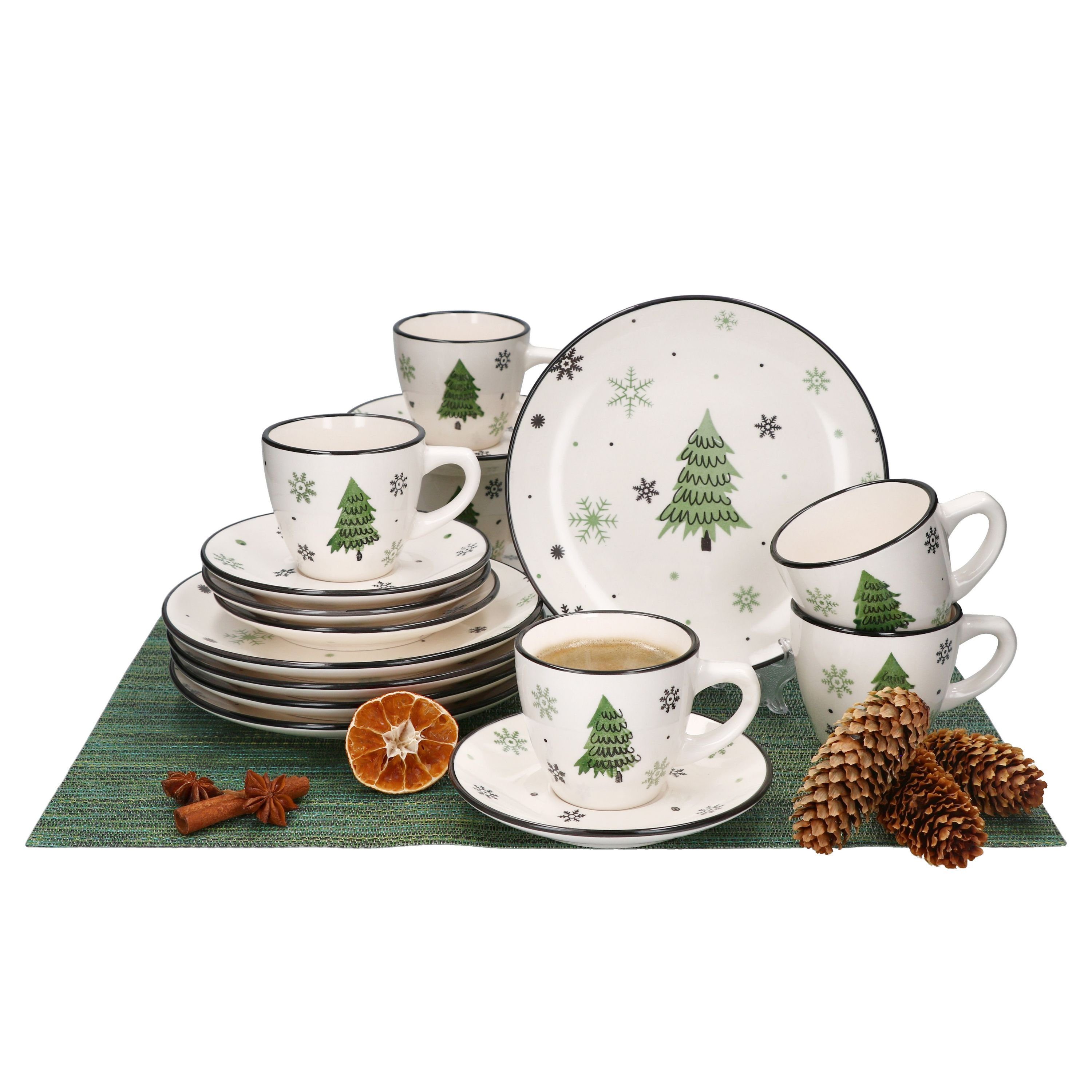 MamboCat Kaffeeservice 18tlg Kaffeeservice Weihnachtsbaum Steingut 6 Personen, Steingut