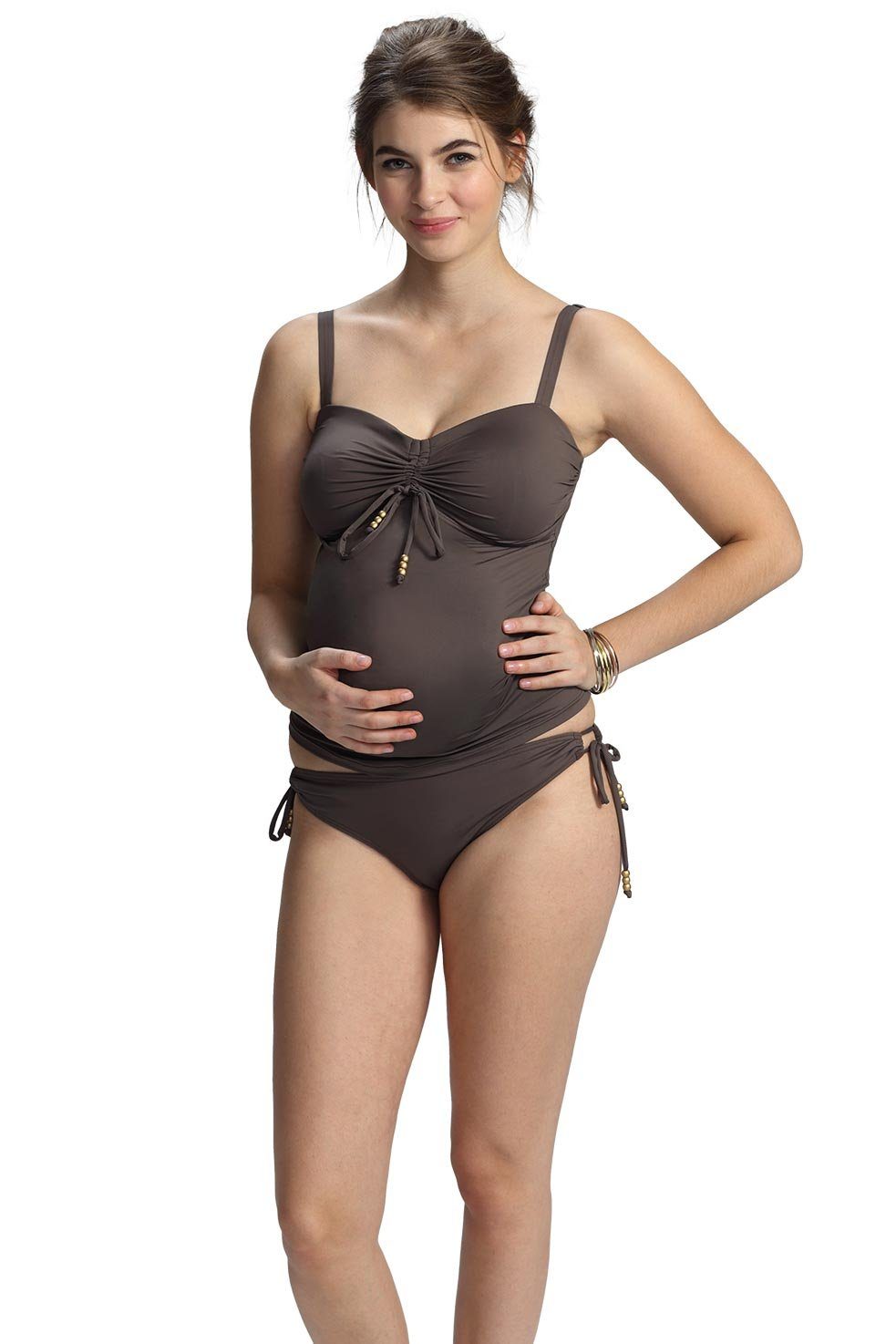 petit amour Umstands-Tankini CAMERON_bronzé professionelles Design für Umstandsbademode in D/E und F/G Cups mit Bügel, made in Hamburg, stylish und bequem, wächst mit und passt weit über die Schwangerschaft hinaus.