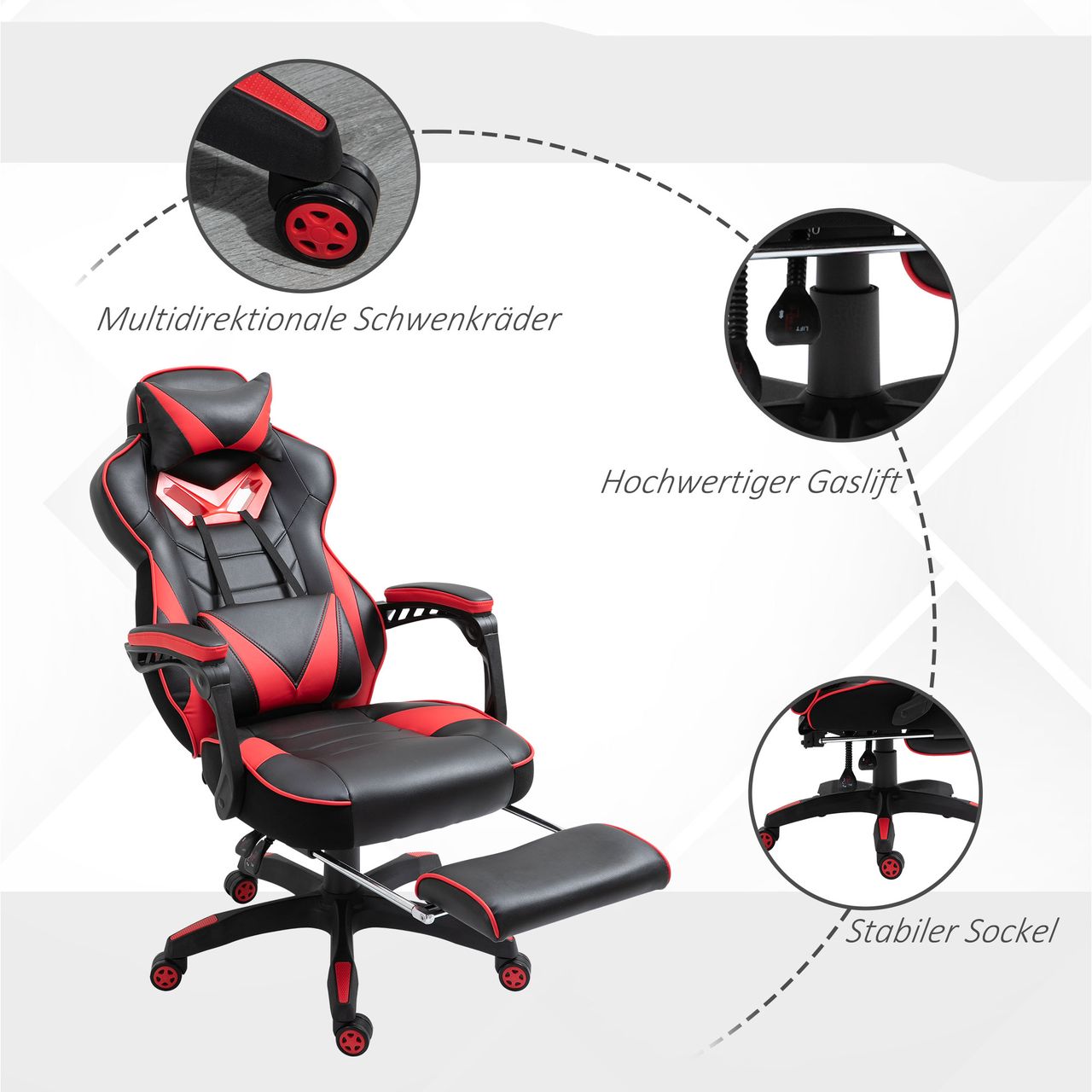 Vinsetto Ergonomischer Bürostuhl, Gaming Stuhl, Drehstuhl mit einziehbare Fußstütze und verstellbarer Rücken Schaumstoff PU-Leder Metall, Schwarz Rot, 65 x 70 x 118,5-128,5 cm