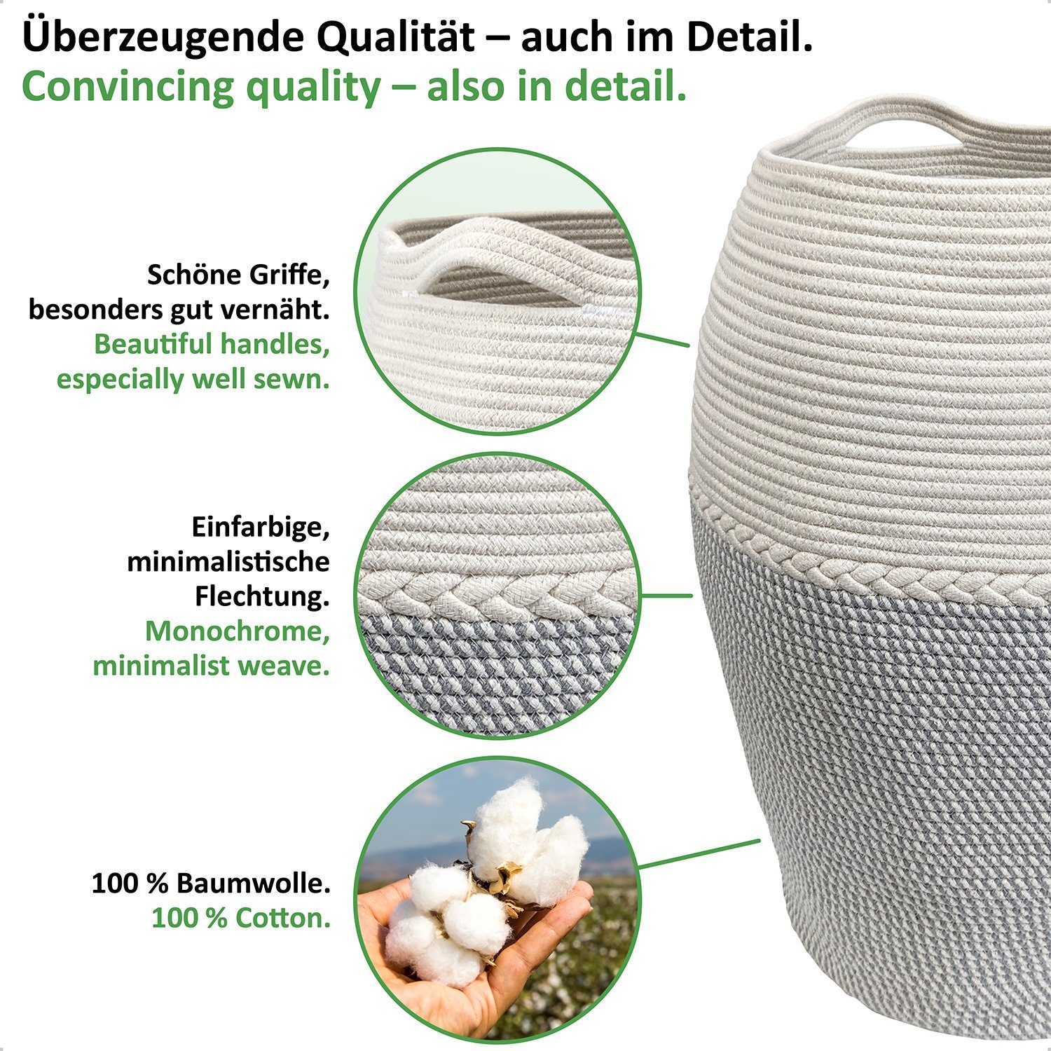 WIESEN.design Wäschekorb Jamila Ø46/39xH65cm 105L, 100% Baumwolle, Aufbewahrung geflochten, inkl. großem Waschsack und schwerem Wäschesack, gratis Versand