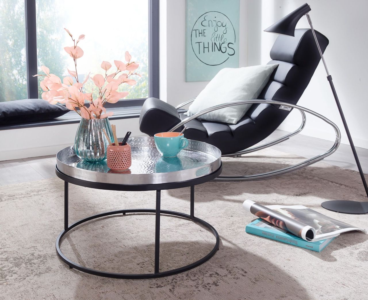 Skyport WOHNLING Couchtisch Metall Hammerschlag Sofatisch Ø 62 cm Wohnzimmertisch Silber