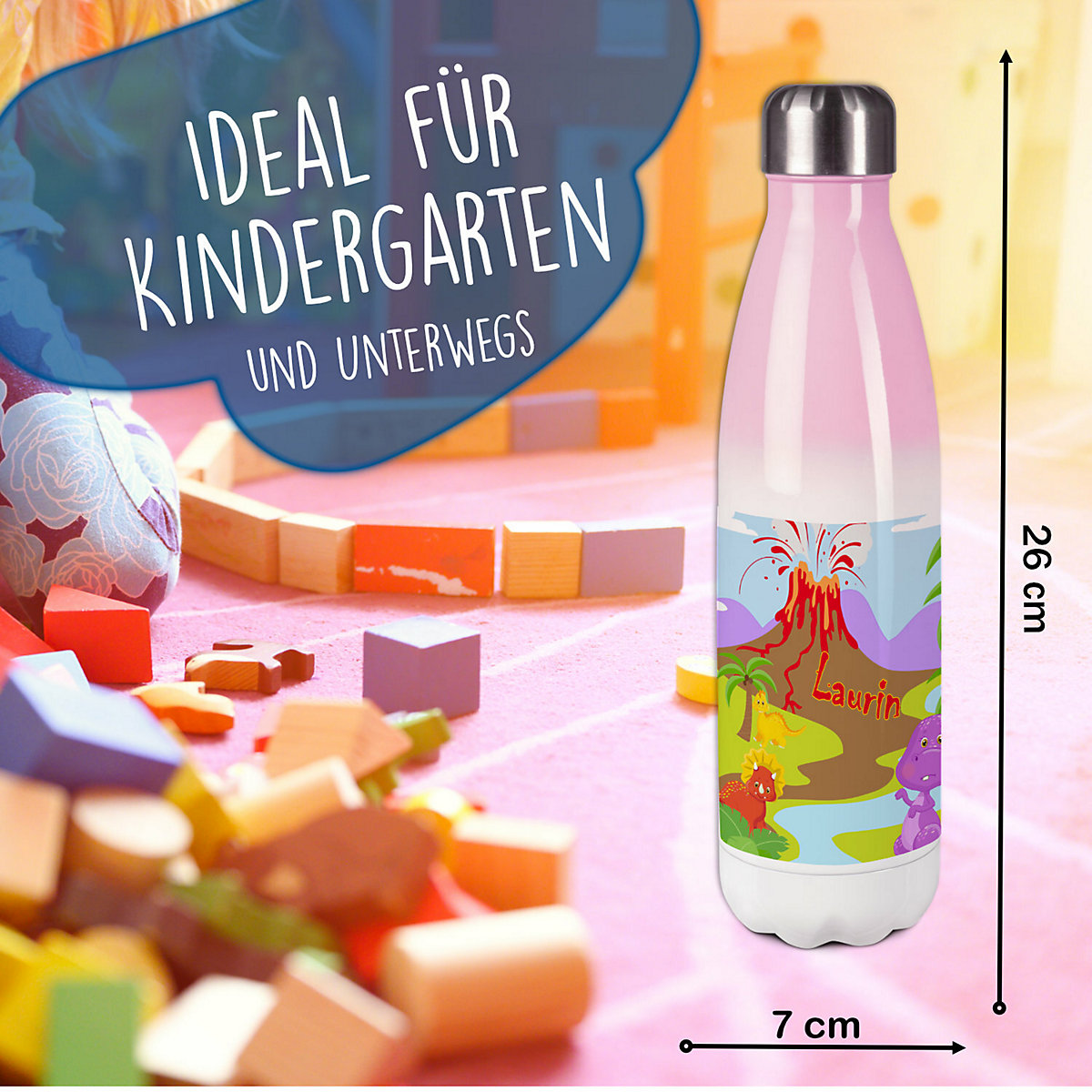 Edelstahl Kinder Thermoflasche / Trinkflasche bunt Dino Spülmaschinenfest, Auslaufsicher, Bruchfest, Doppelwandig, Für Heißgetränke geeignet, Mit Deckel, Isoliert