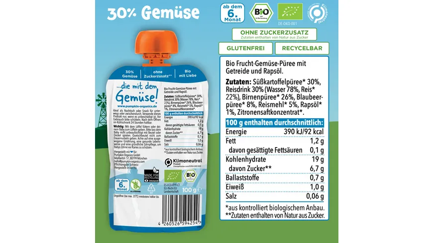 pumpkin organics Bio Quetschie Süßkartoffel, Reis, Birne und Blaubeere 100 g