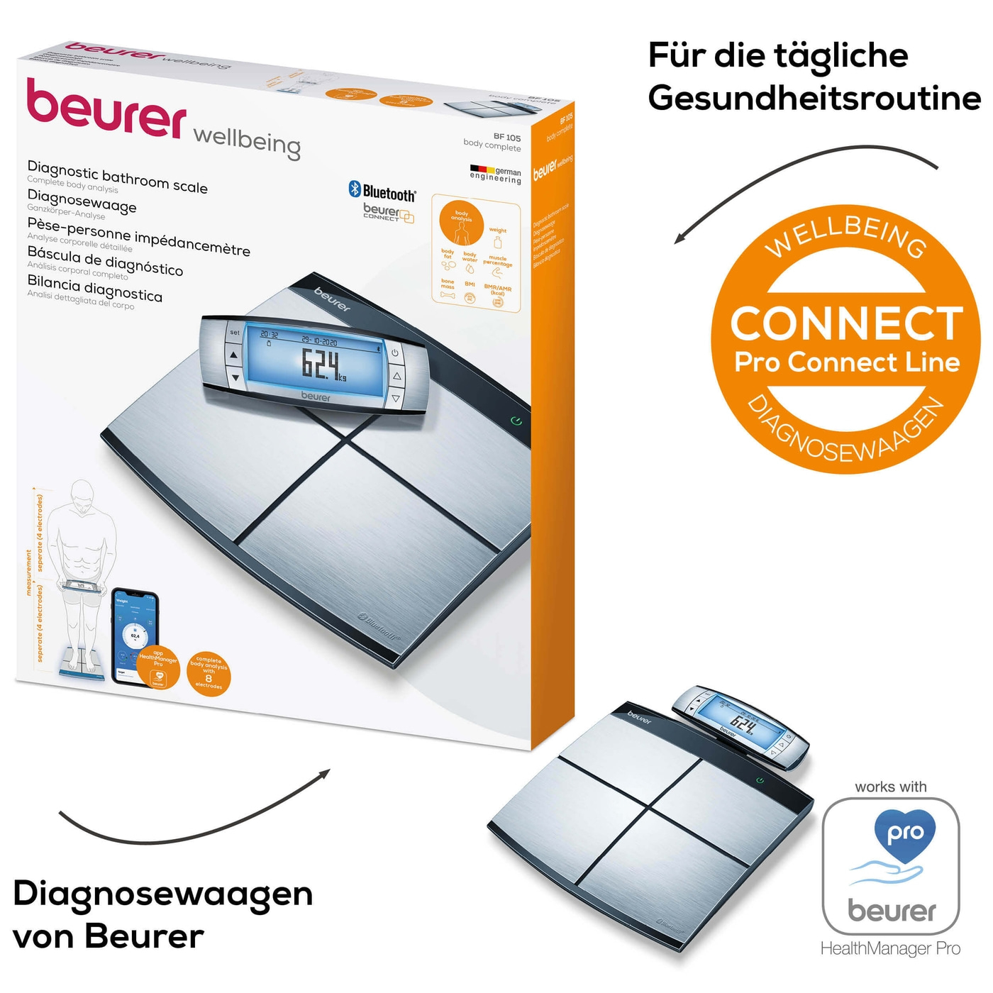 Beurer Diagnosewaage BF 105 BodyComplete-Körperwaage mit Ganzkörperanalyse Ober-/Unterkörper & App-Anbindung bis 180 kg