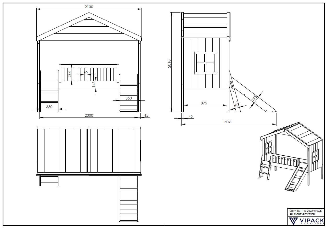 VIPACK Hausbett mit Leiter u. Rutsche, Liegefläche 90 x 200 cm, inkl. Rolllattenrost, Ausf. Weiß lackiert