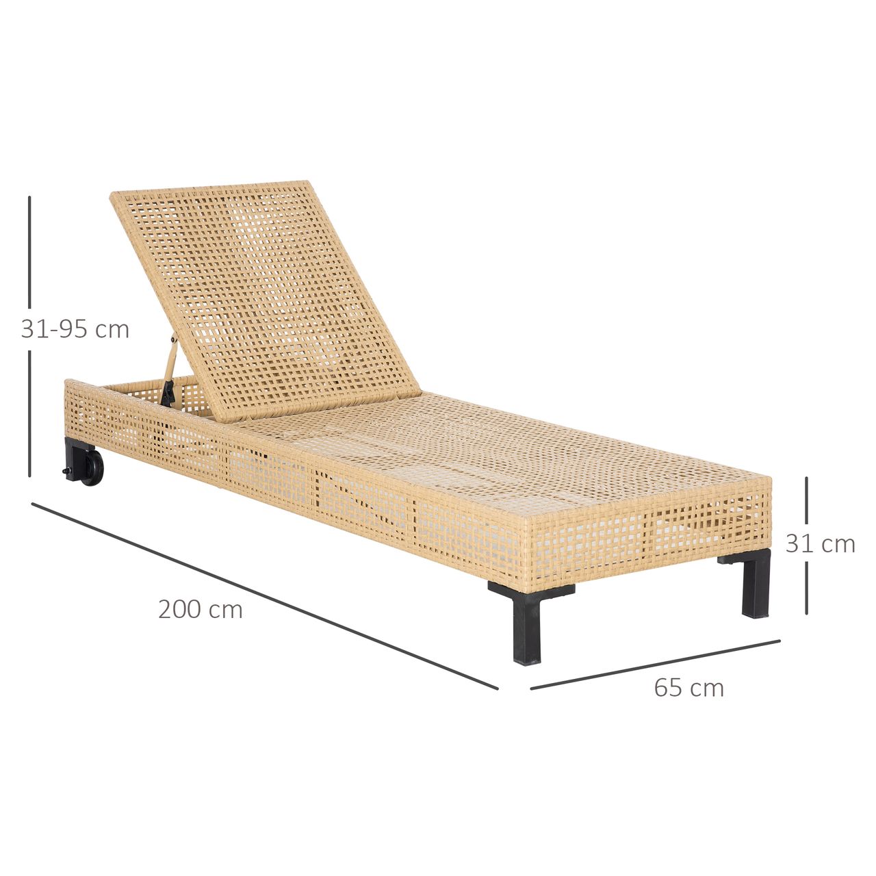 Outsunny Polyrattan Sonnenliege Gartenliege mit Kissen 3-stufig verstellbar Rattanliege Gartenmöbel Liege Stahl Natur 65 x 200 x 31 cm