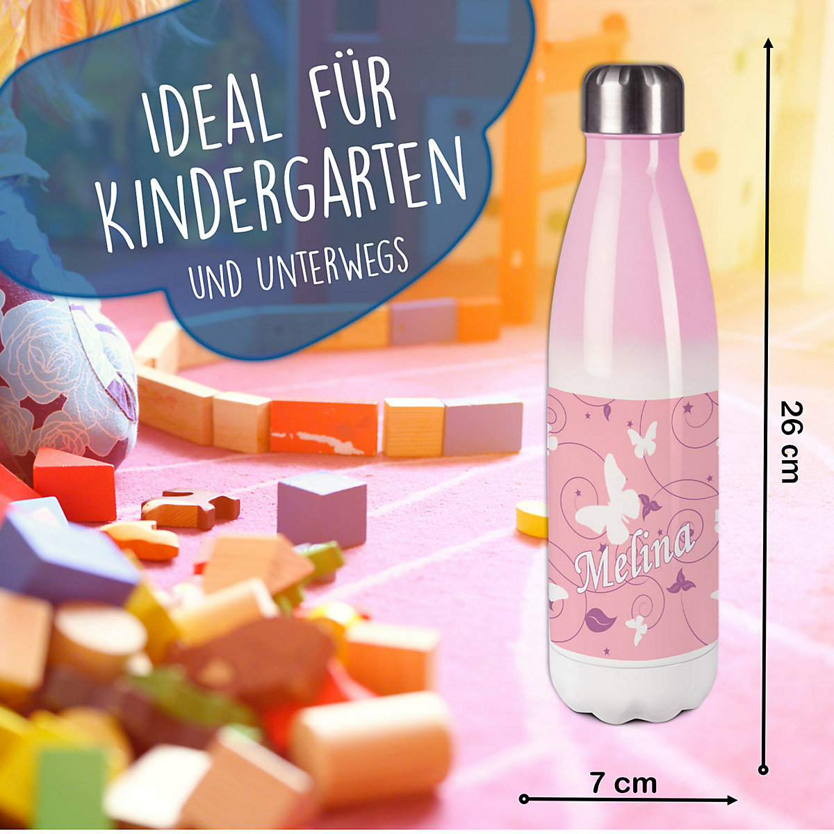 Edelstahl Kinder Thermoflasche / Trinkflasche bunt Schmetterling Ornamente Farbe rosa lila Spülmaschinenfest, Auslaufsicher, Bruchfest, Doppelwandig, Für Heißgetränke geeignet, Mit Deckel, Isolier